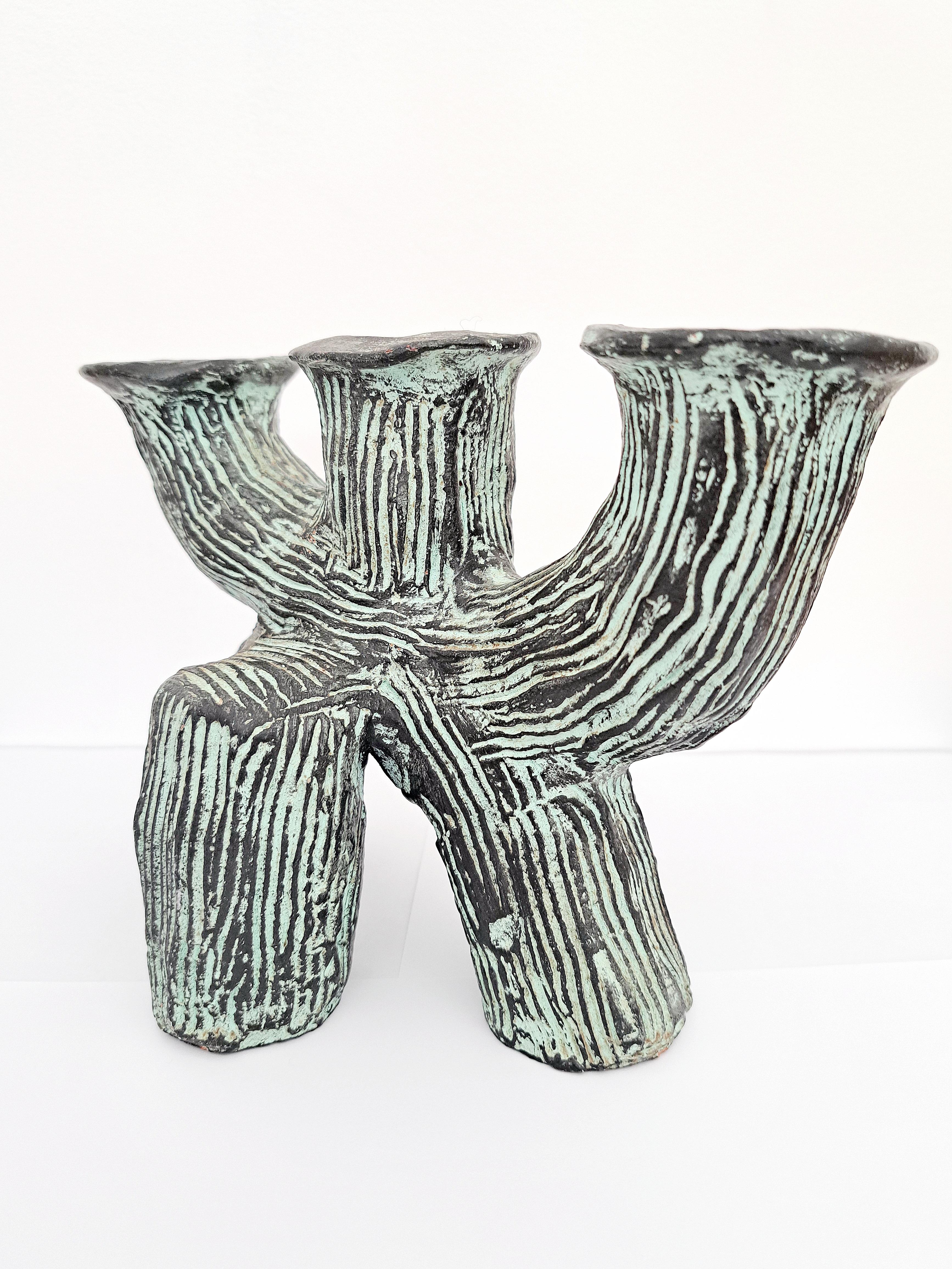 French Brutalist Ceramic Candelabra, France, late 20th century For Sale