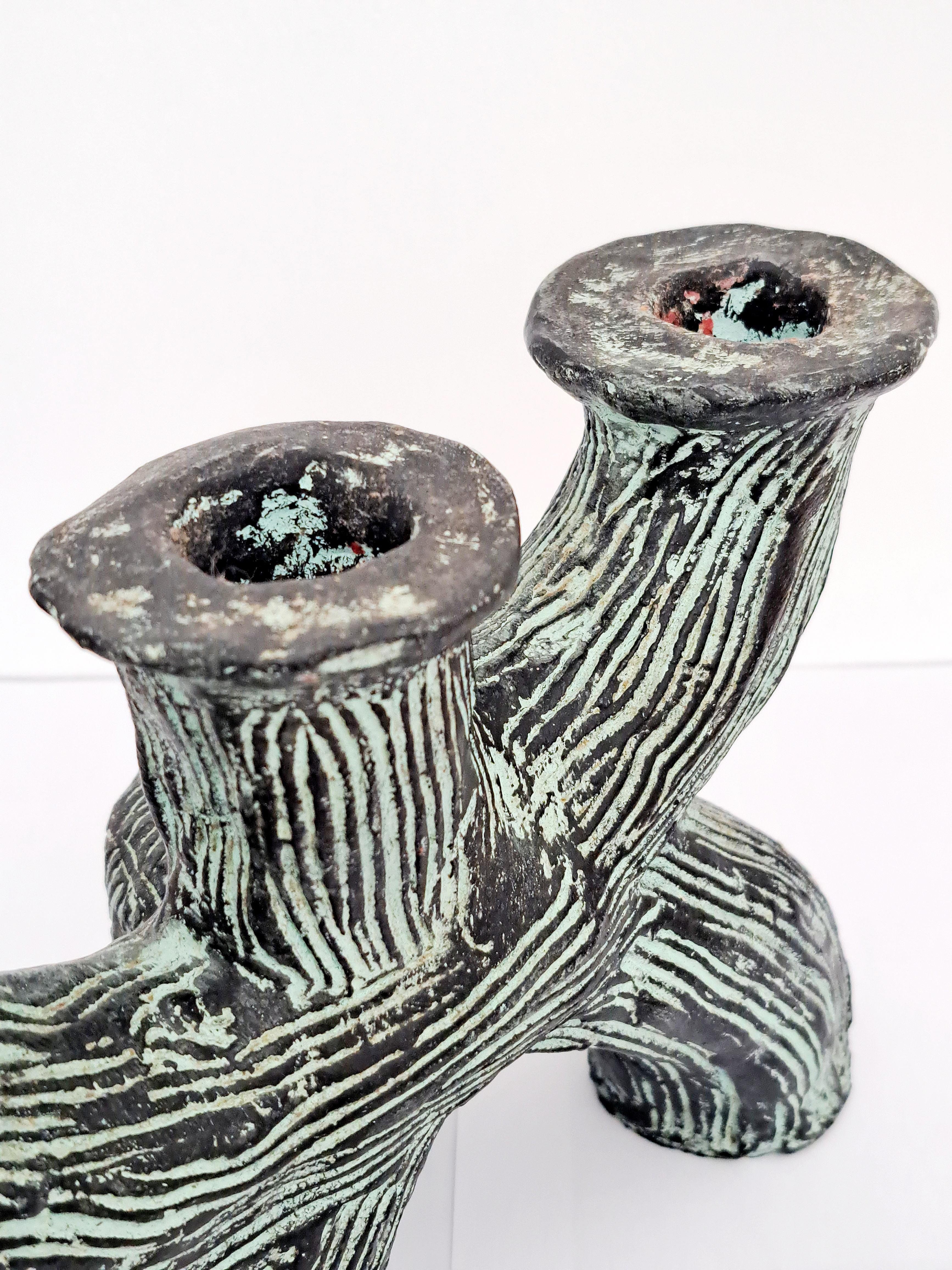Hand-Painted Brutalist Ceramic Candelabra, France, late 20th century For Sale