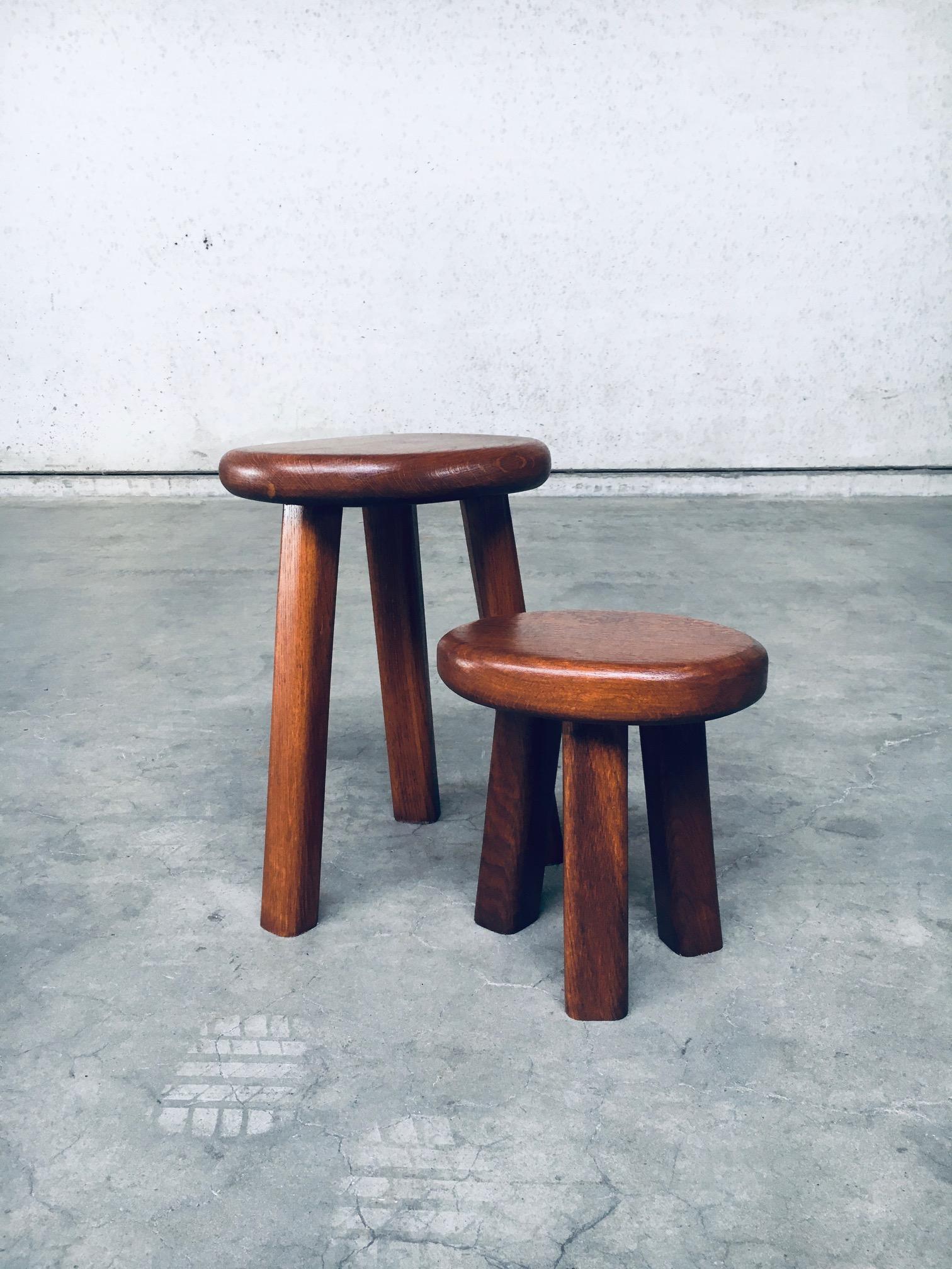 Vintage midcentury Brutalist Style chunky solid oak side table set. Made in France, 1960s. Solid oak constructed. This set has been restained and varnished. In very good condition. Measurements: large: 49,5cm x 36cm x 30cm, small: 33.5cm x 31cm x