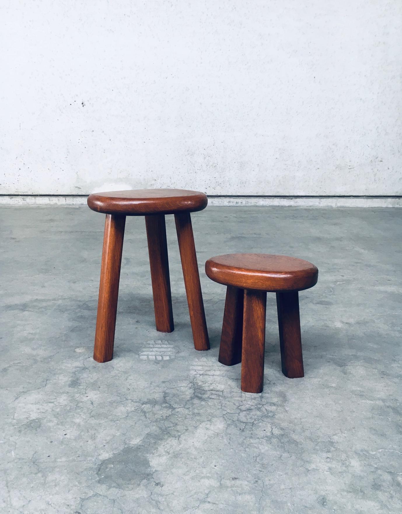 French Brutalist Style Chunky Oak Side Table Set, France, 1960s