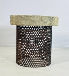 Brutalist Style End Table With Pierced Steel Base & Soapstone Top