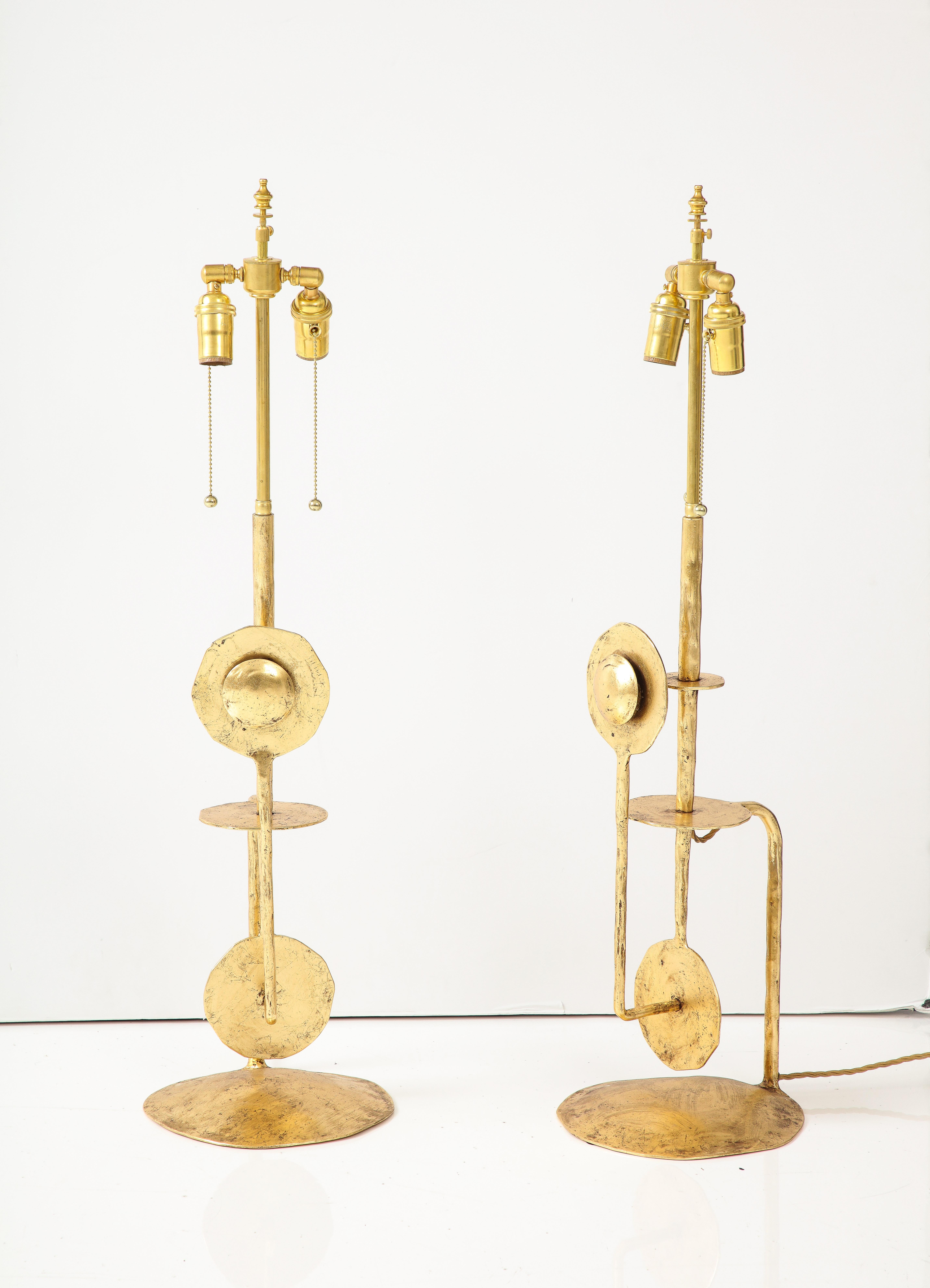 Contemporary Brutalist Style Gilt Metal Italian Table Lamps For Sale