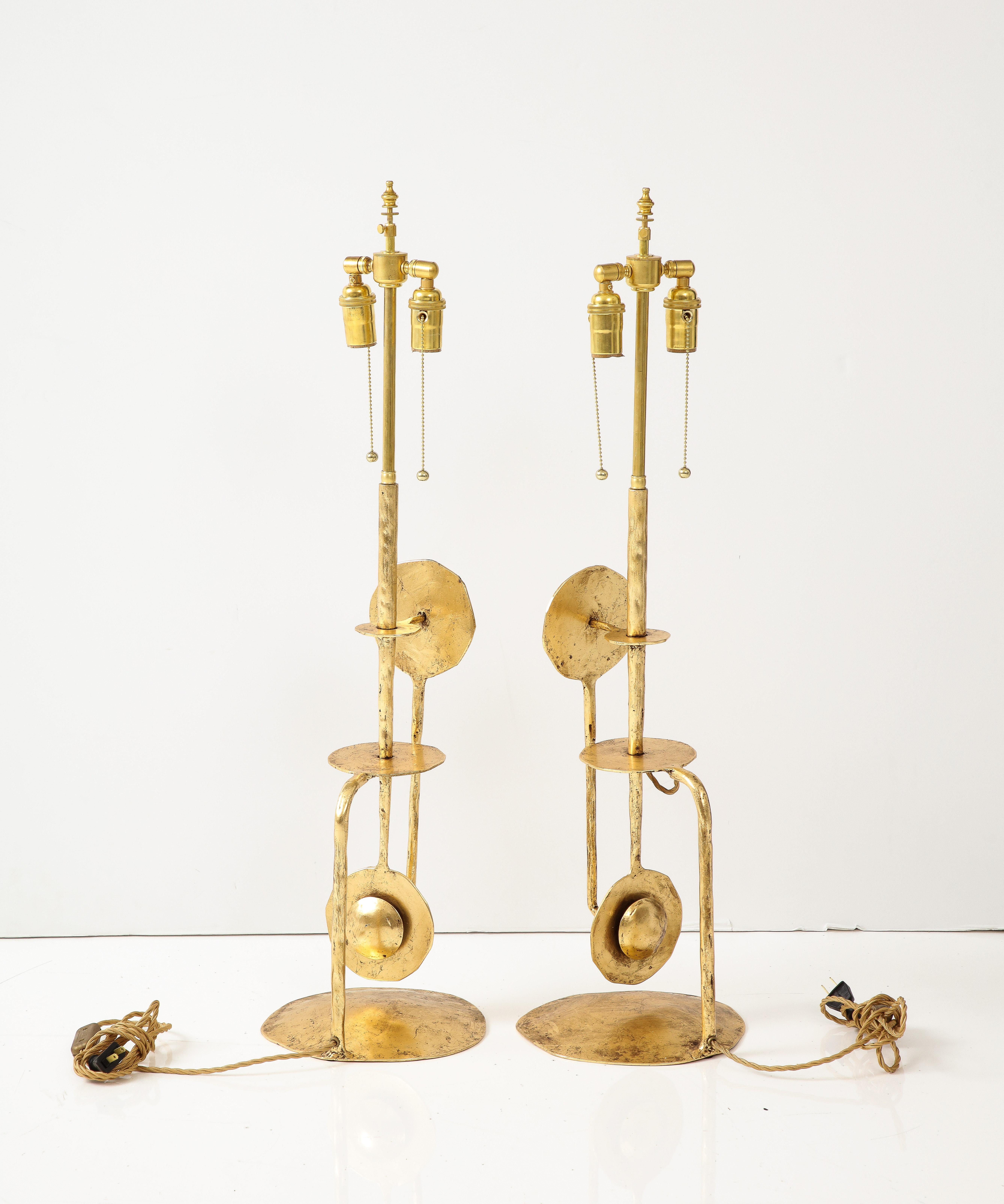 Brutalist Style Gilt Metal Italian Table Lamps For Sale 3