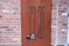 Brutalist-Style Hammered and Painted Iron Fire Tools with Wall-mounted Holder
