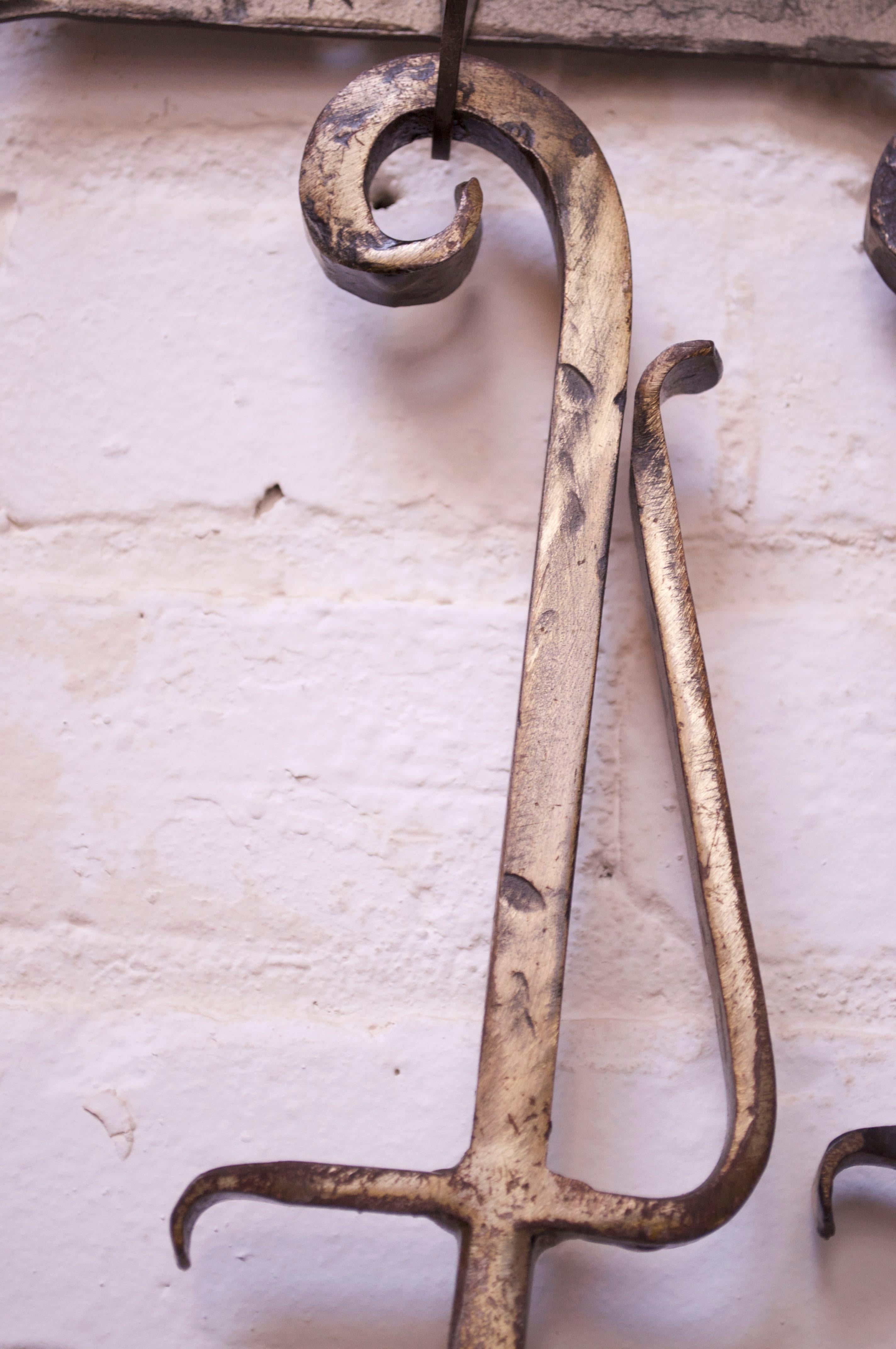 Brutalist-Style Hammered and Painted Iron Fire Tools with Wall-mounted Holder For Sale 1