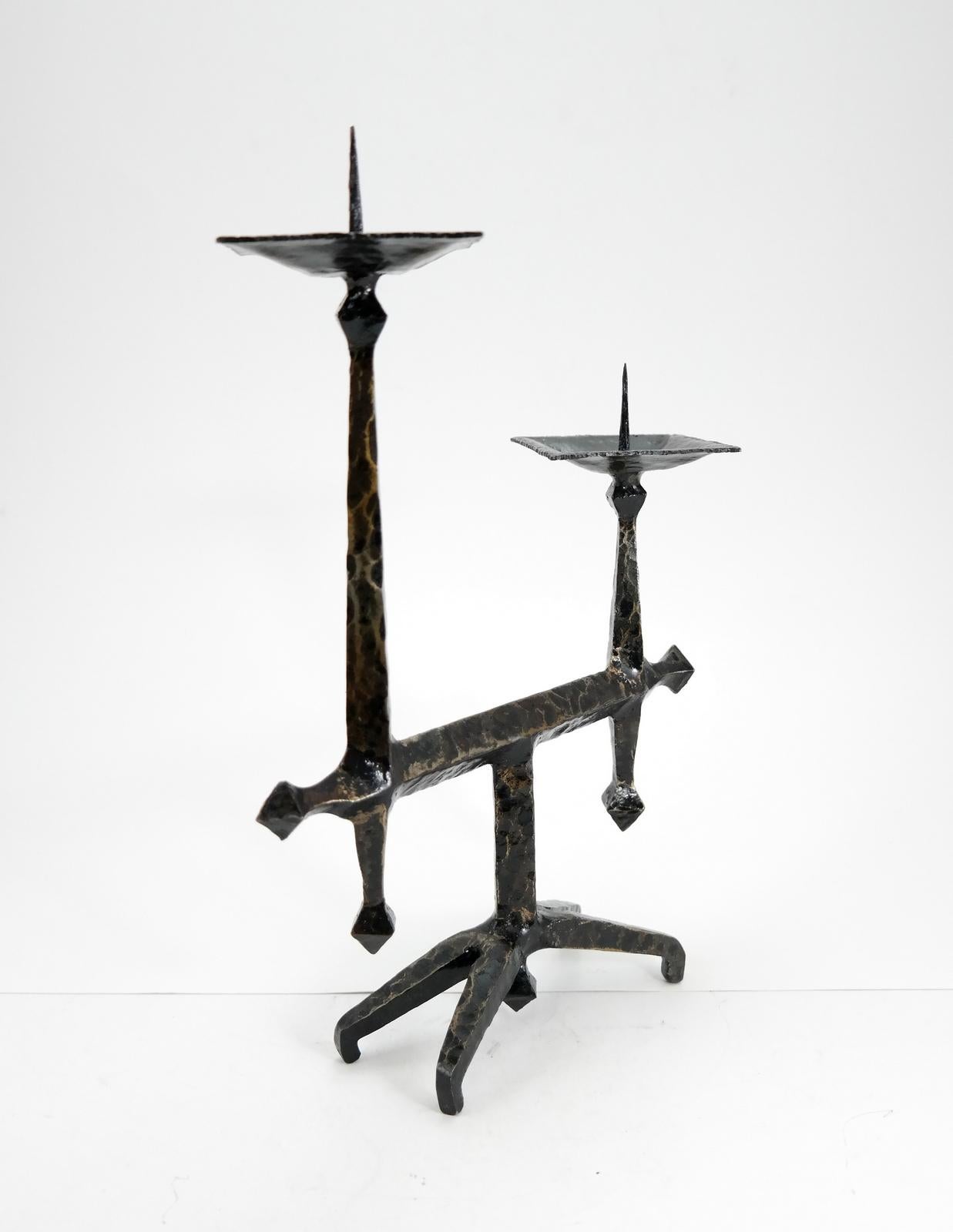 European Brutalist Style Handcrafted Wrought Iron Candleholder, 1960s
