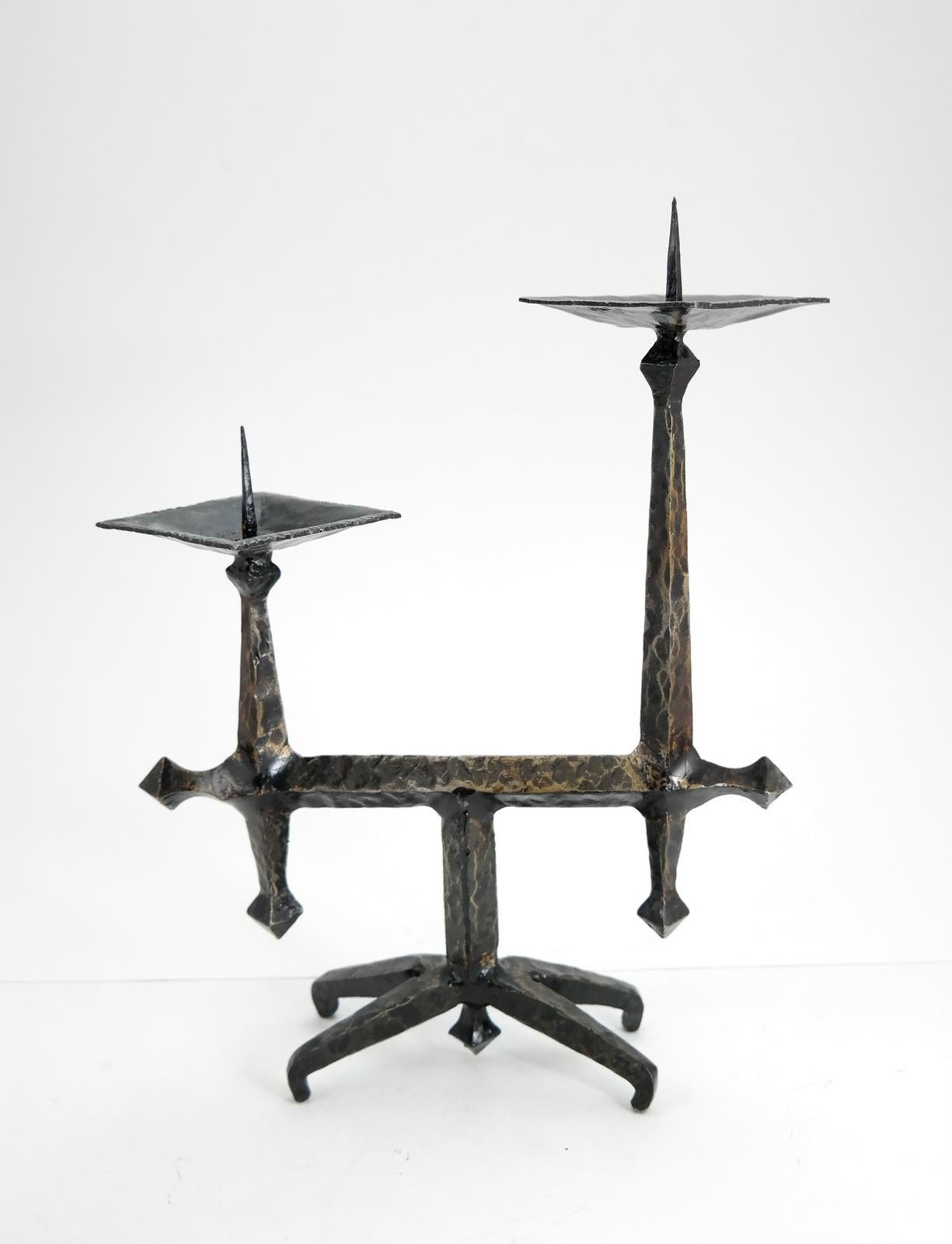 Mid-20th Century Brutalist Style Handcrafted Wrought Iron Candleholder, 1960s