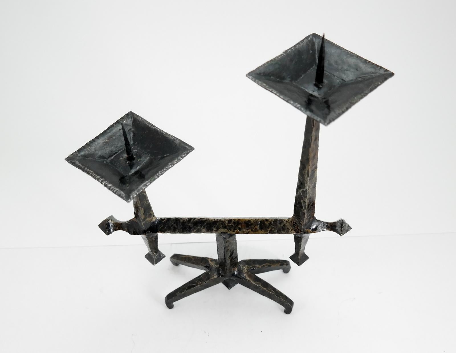 Brutalist Style Handcrafted Wrought Iron Candleholder, 1960s 1