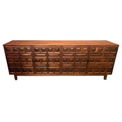 Vintage Brutalist Style Mahogany And Beech Wood Credenza, Spain, 1970s