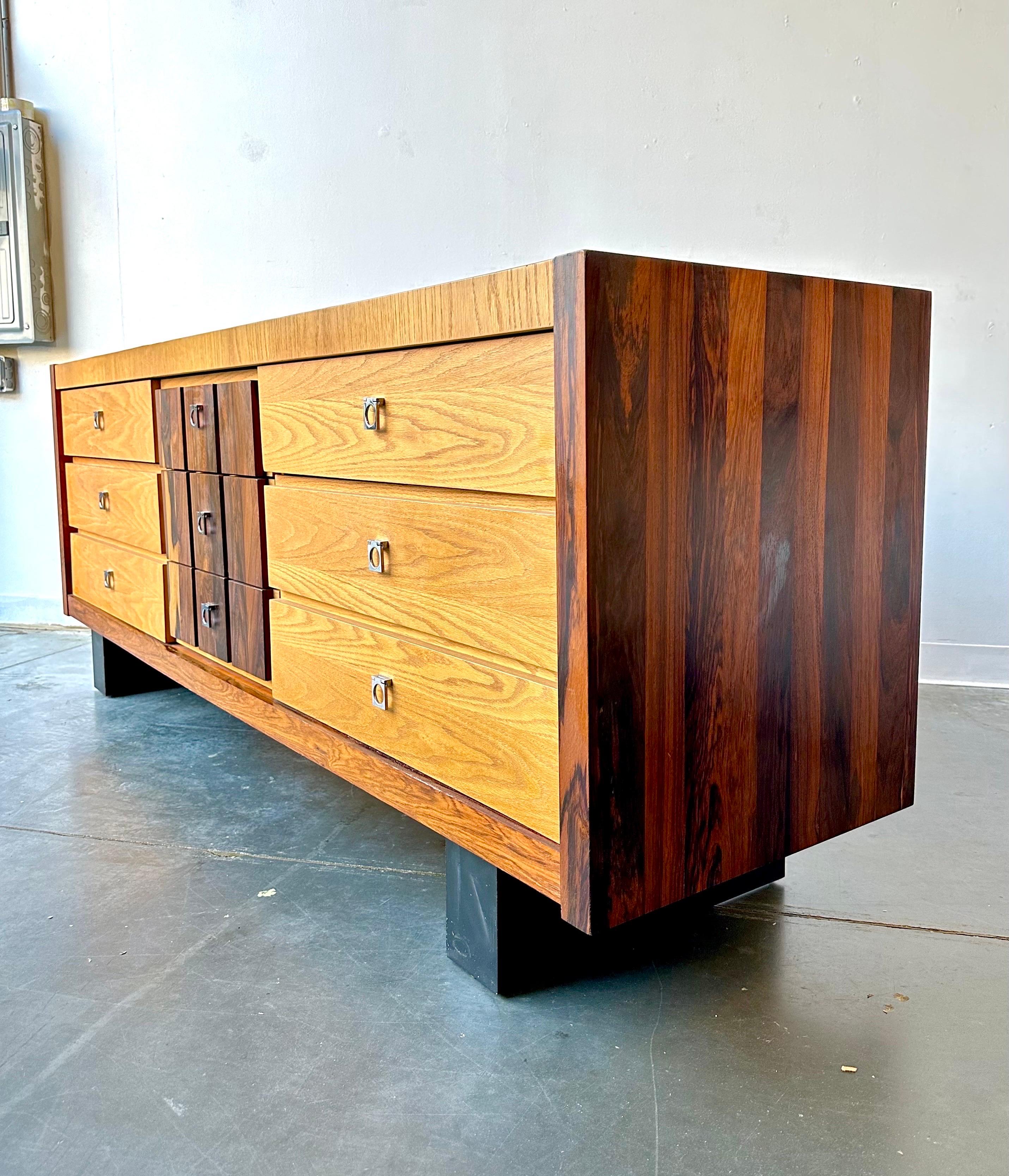 Late 20th Century Brutalist style mcm rosewood and oak dresser credenza 