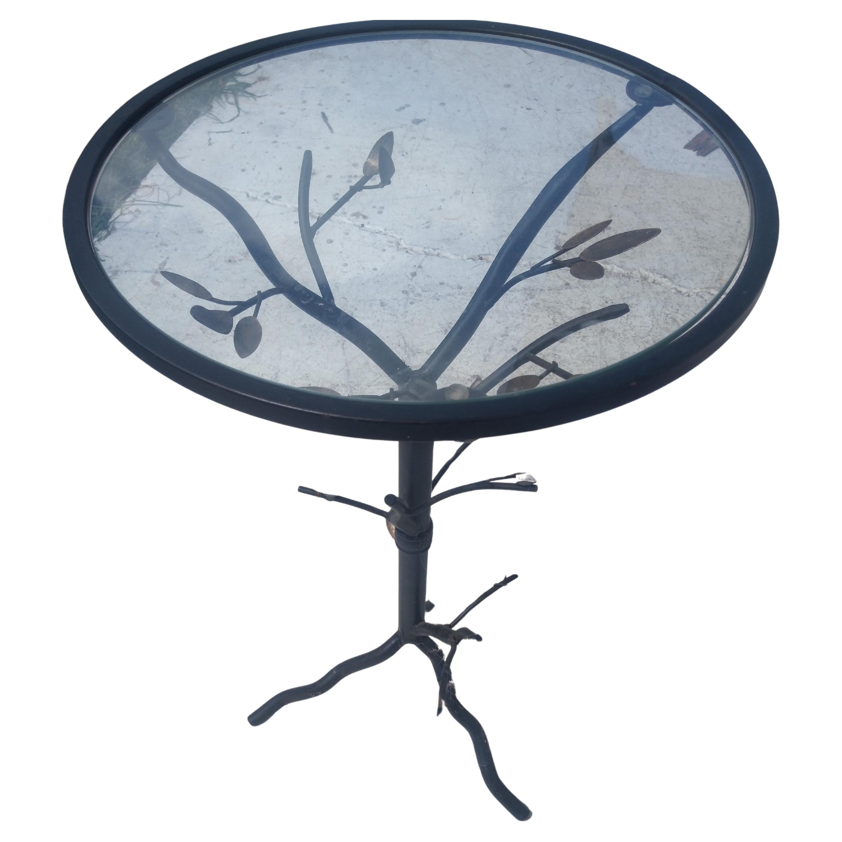 Beistelltisch aus Metallbaum mit Vögeln im brutalistischen Stil und Glasplatte