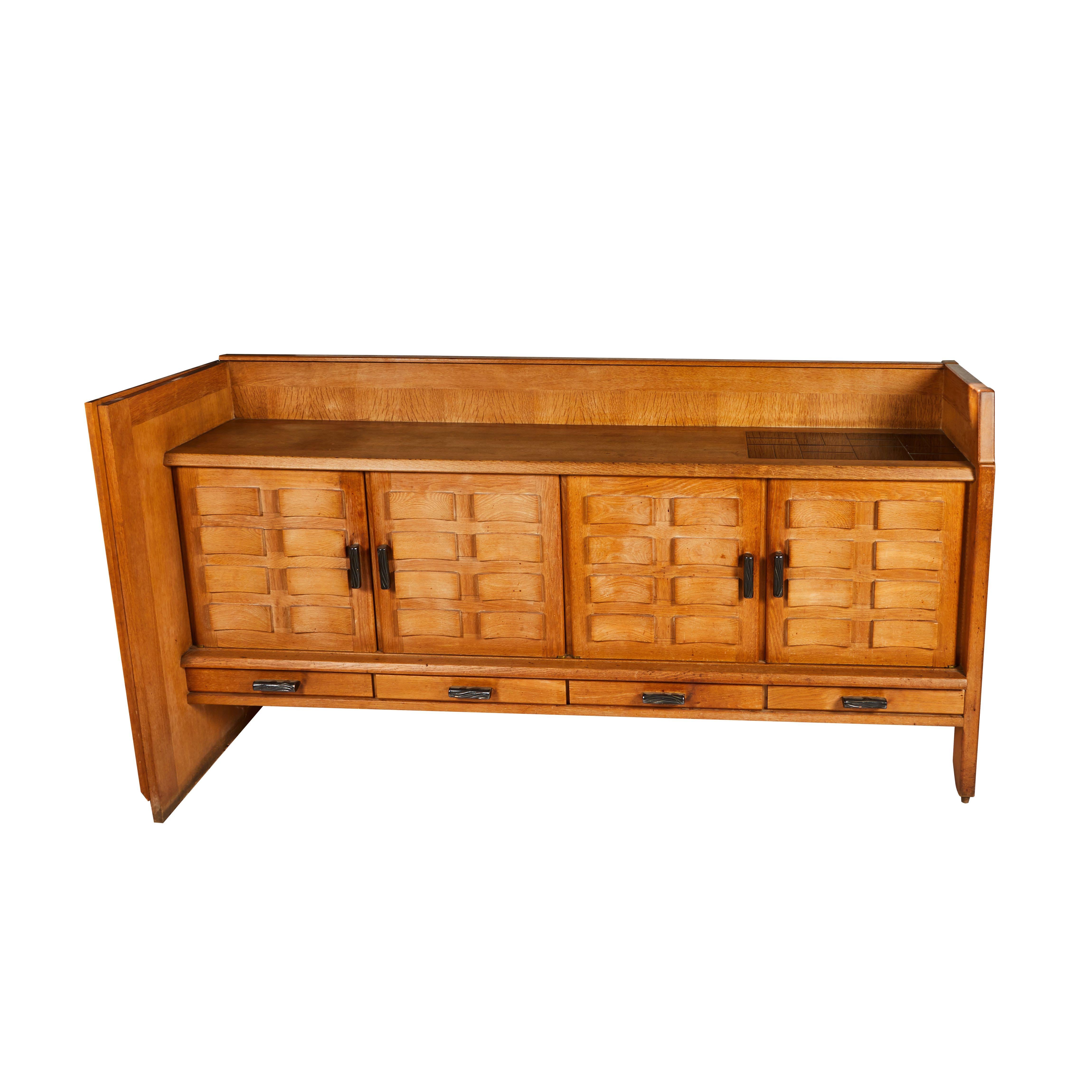 Brutalist style midcentury buffet credenza or sideboard. Large scale piece with exceptional hardware. 