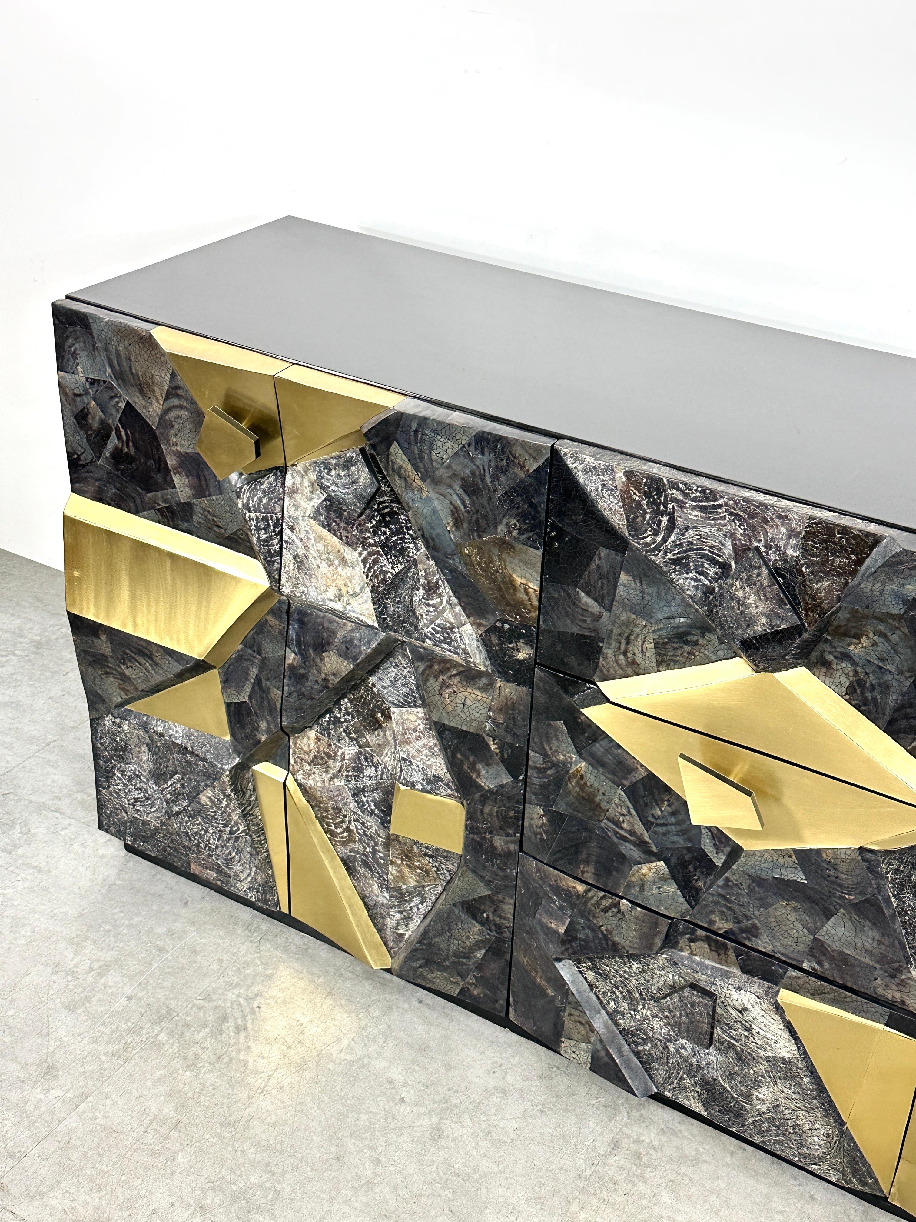 Brutalist Style Mosaic Stone and Brass Sculpture Front Relief Credenza Cabinet  In Good Condition For Sale In Ann Arbor, MI