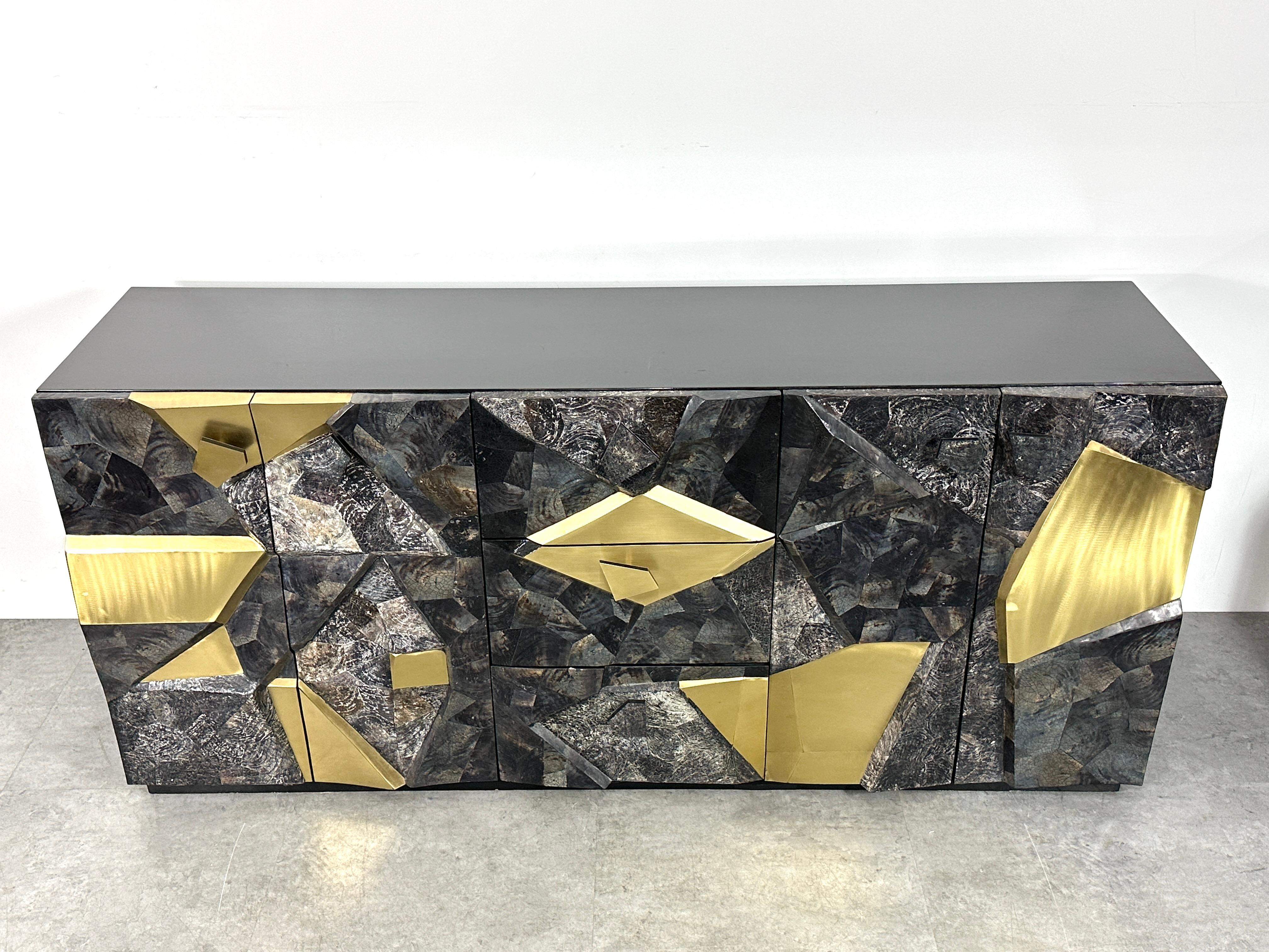 Late 20th Century Brutalist Style Mosaic Stone and Brass Sculpture Front Relief Credenza Cabinet  For Sale