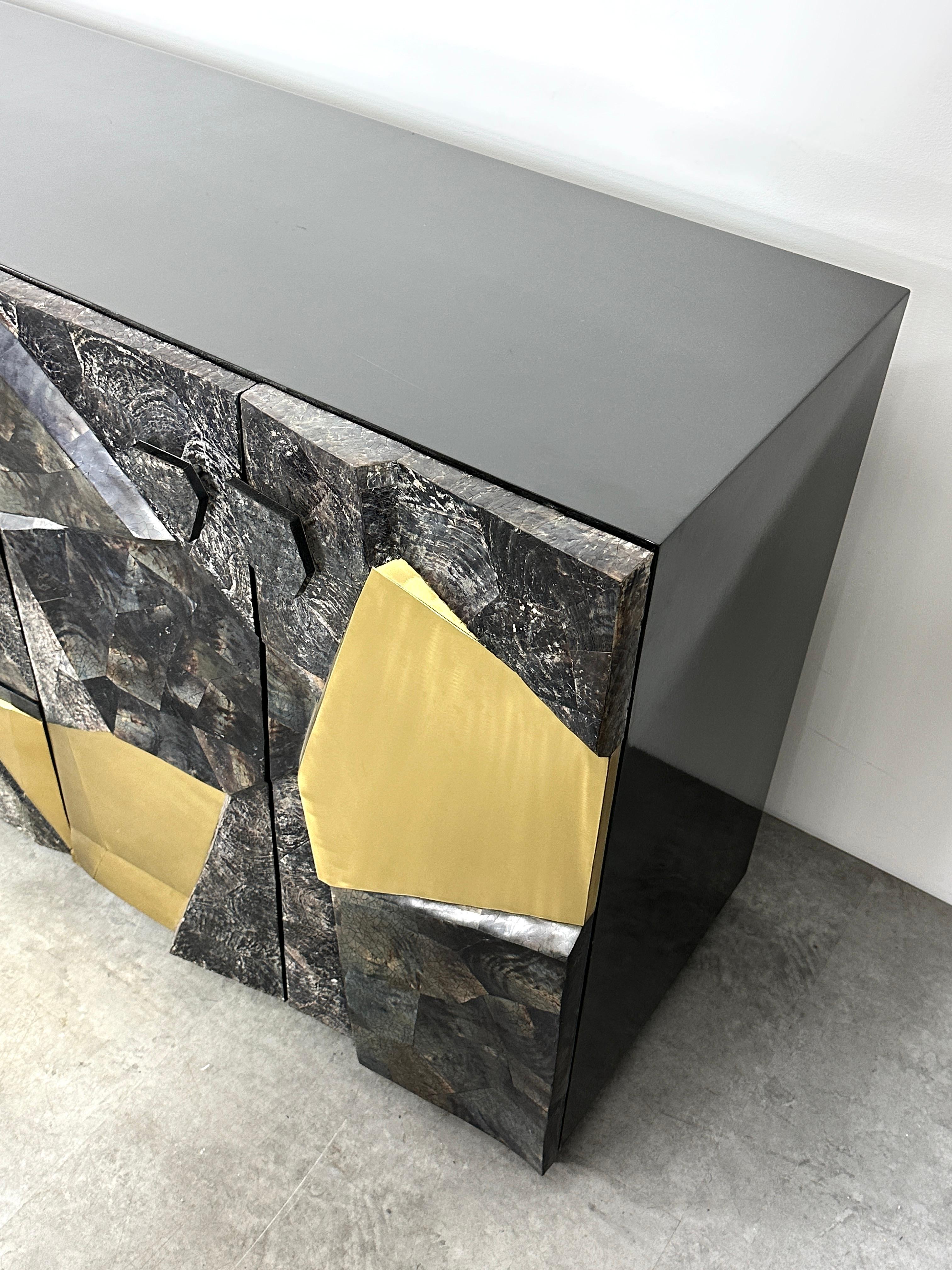 Brutalist Style Mosaic Stone and Brass Sculpture Front Relief Credenza Cabinet  For Sale 2