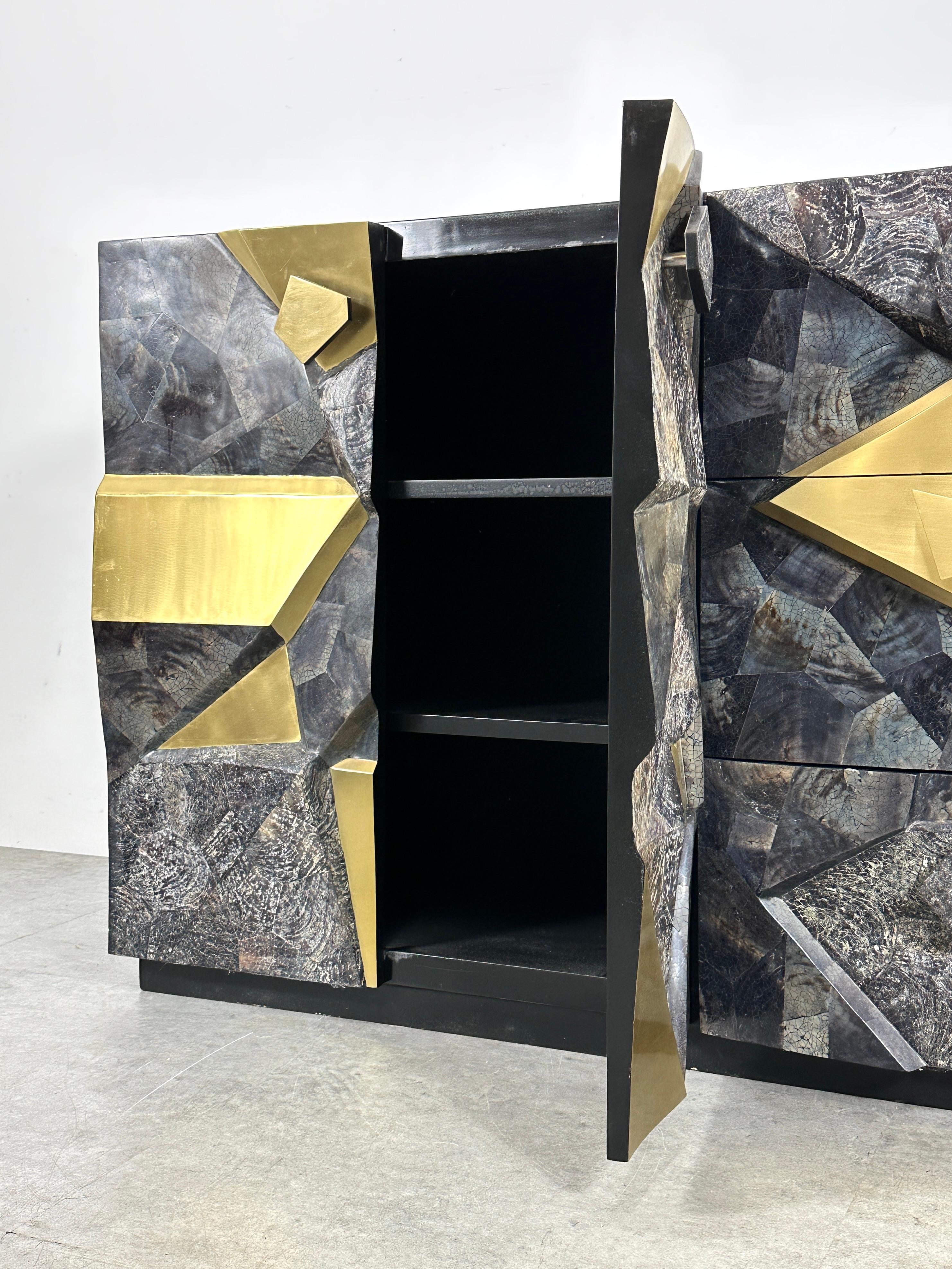 Brutalist Style Mosaic Stone and Brass Sculpture Front Relief Credenza Cabinet  For Sale 3