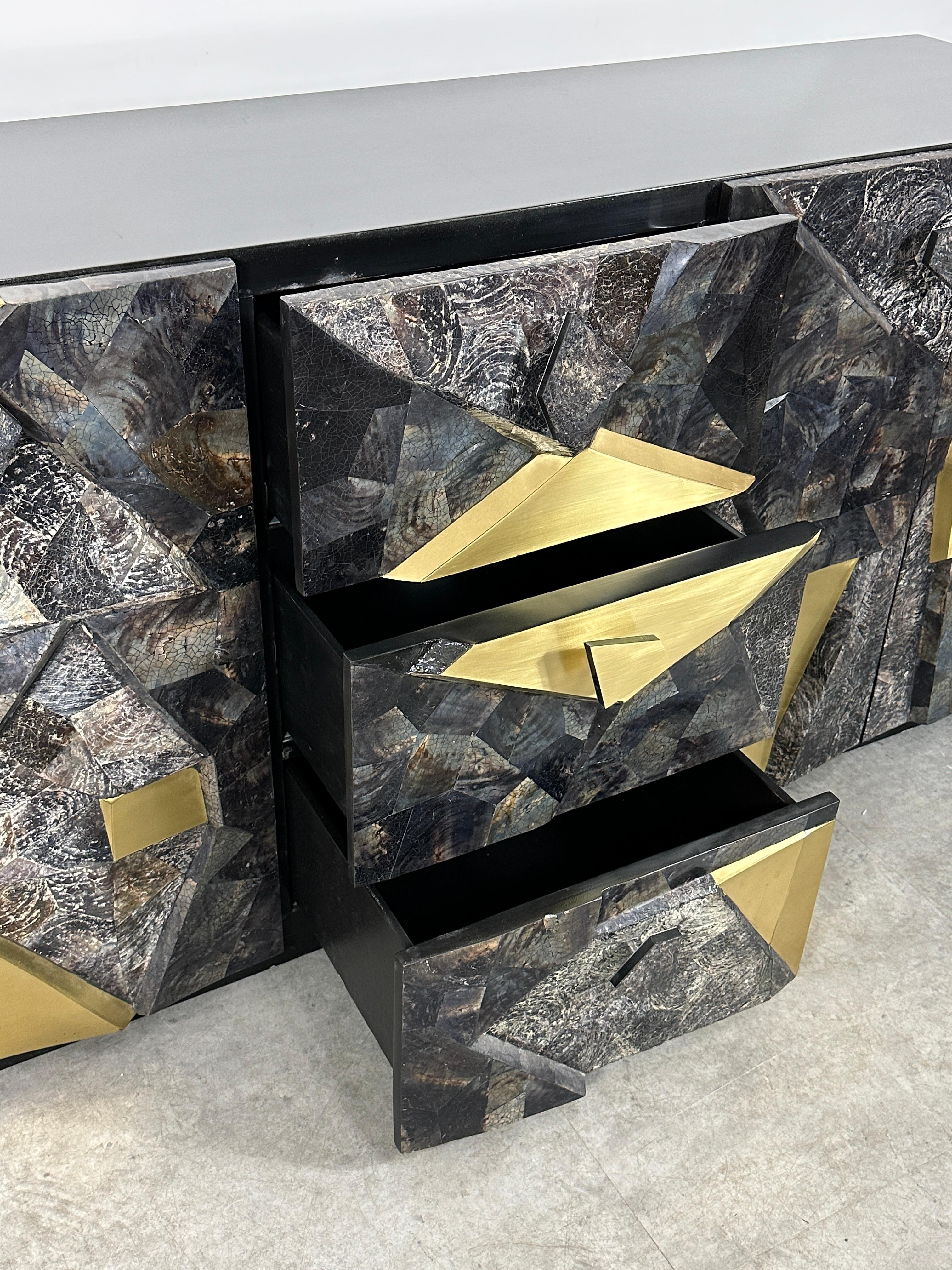 Brutalist Style Mosaic Stone and Brass Sculpture Front Relief Credenza Cabinet  For Sale 5