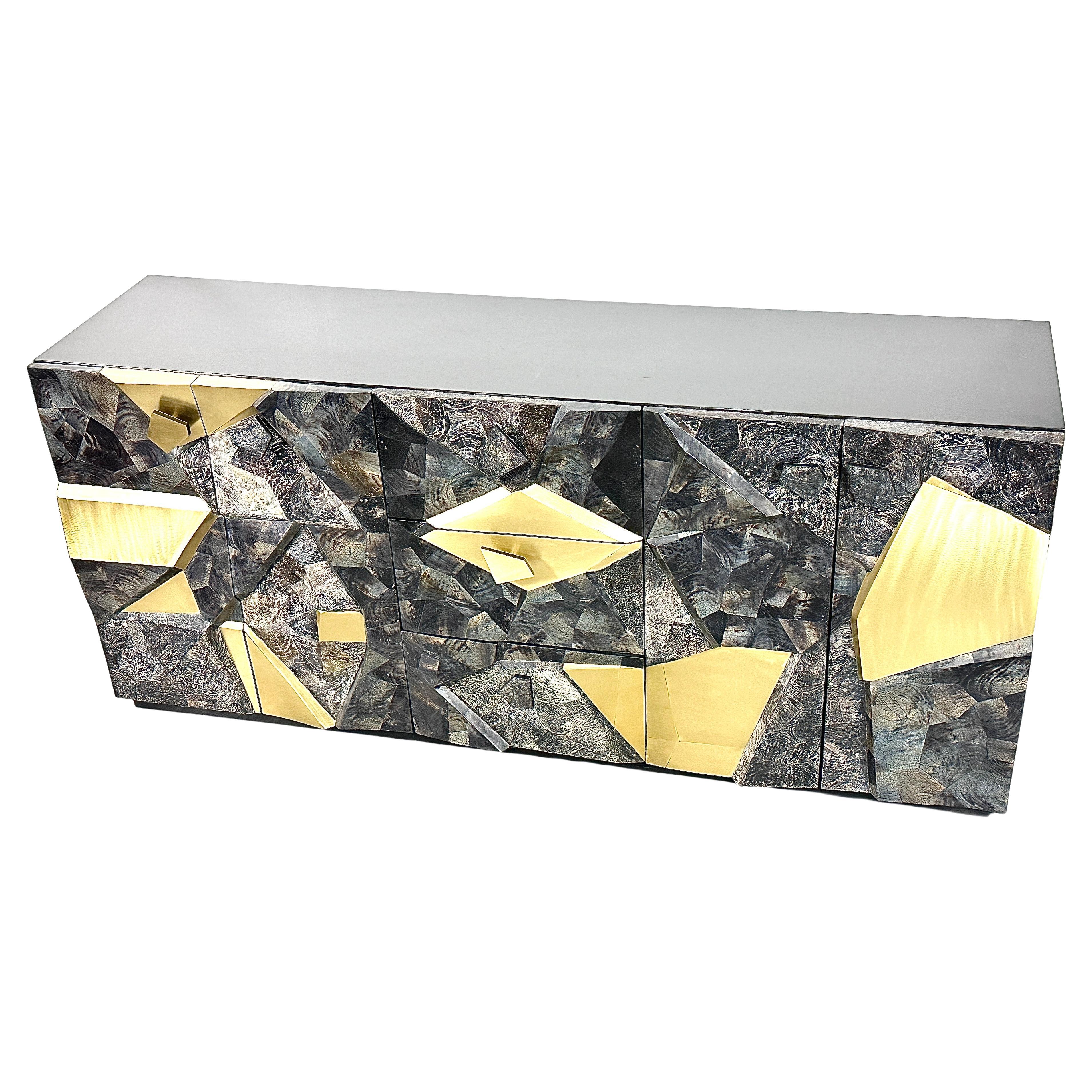 Brutalist Style Mosaic Stone and Brass Sculpture Front Relief Credenza Cabinet 