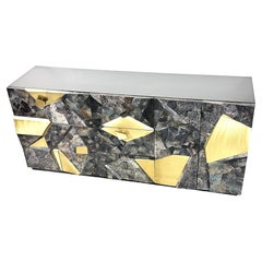Brutalist Style Mosaic Stone and Brass Sculpture Front Relief Credenza Cabinet 