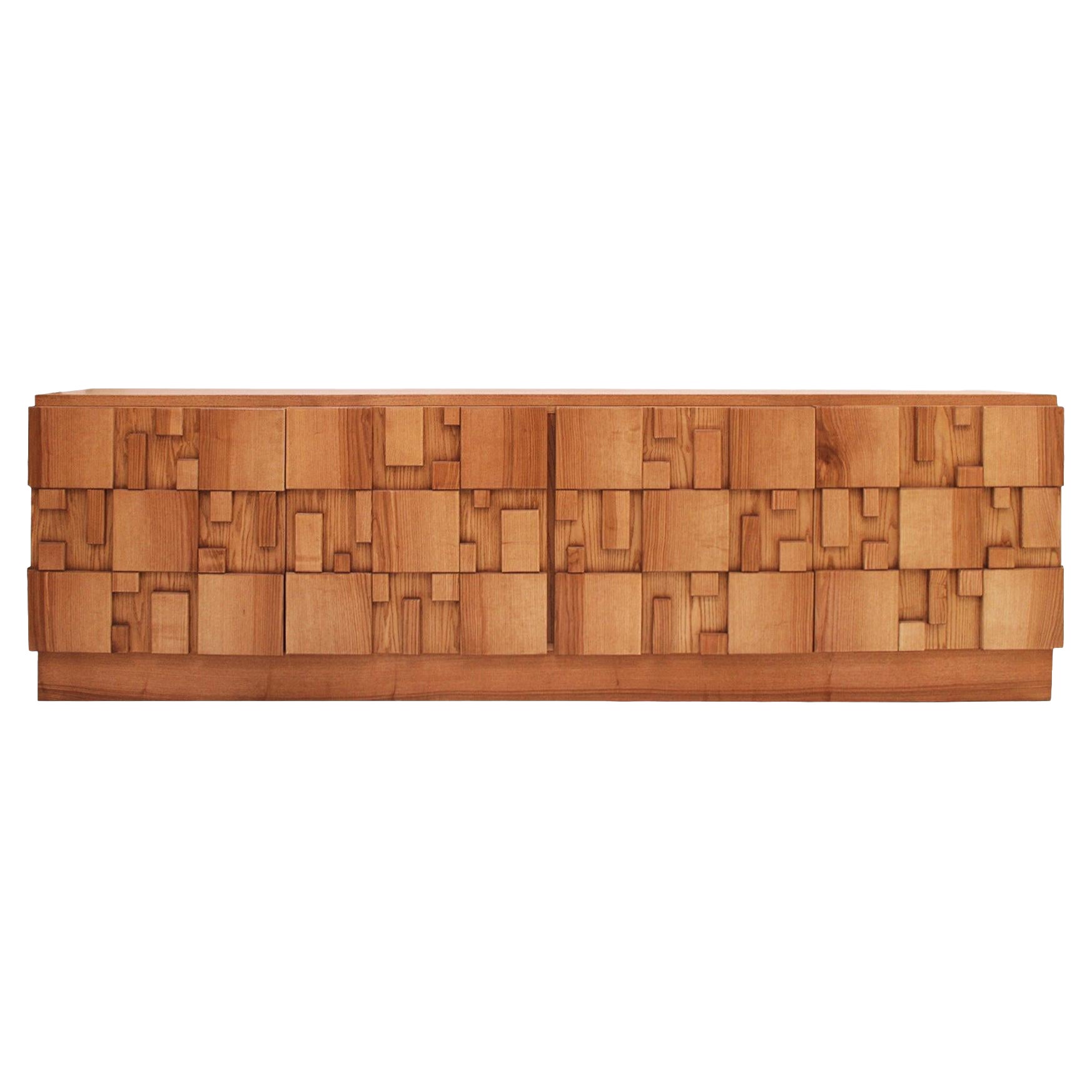 Brutalist Style Oak Handcarved Italian Large Sideboard