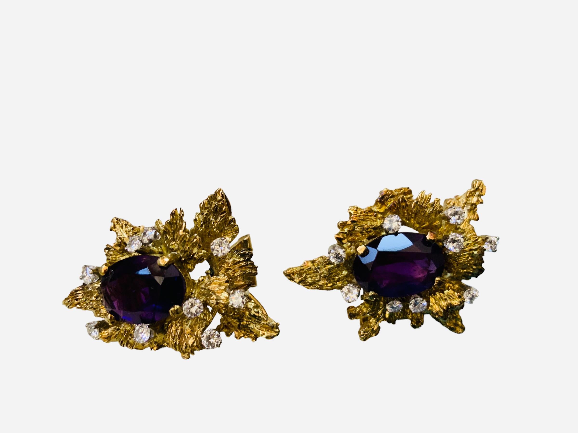 Brutalist Style Pair Of 14K Gold Amethyst And Diamonds Earrings  For Sale 4