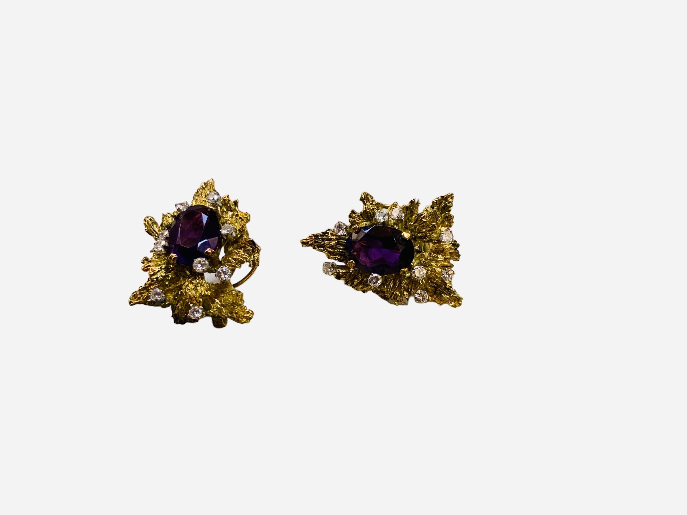 Brutalist Style Pair Of 14K Gold Amethyst And Diamonds Earrings  For Sale 5