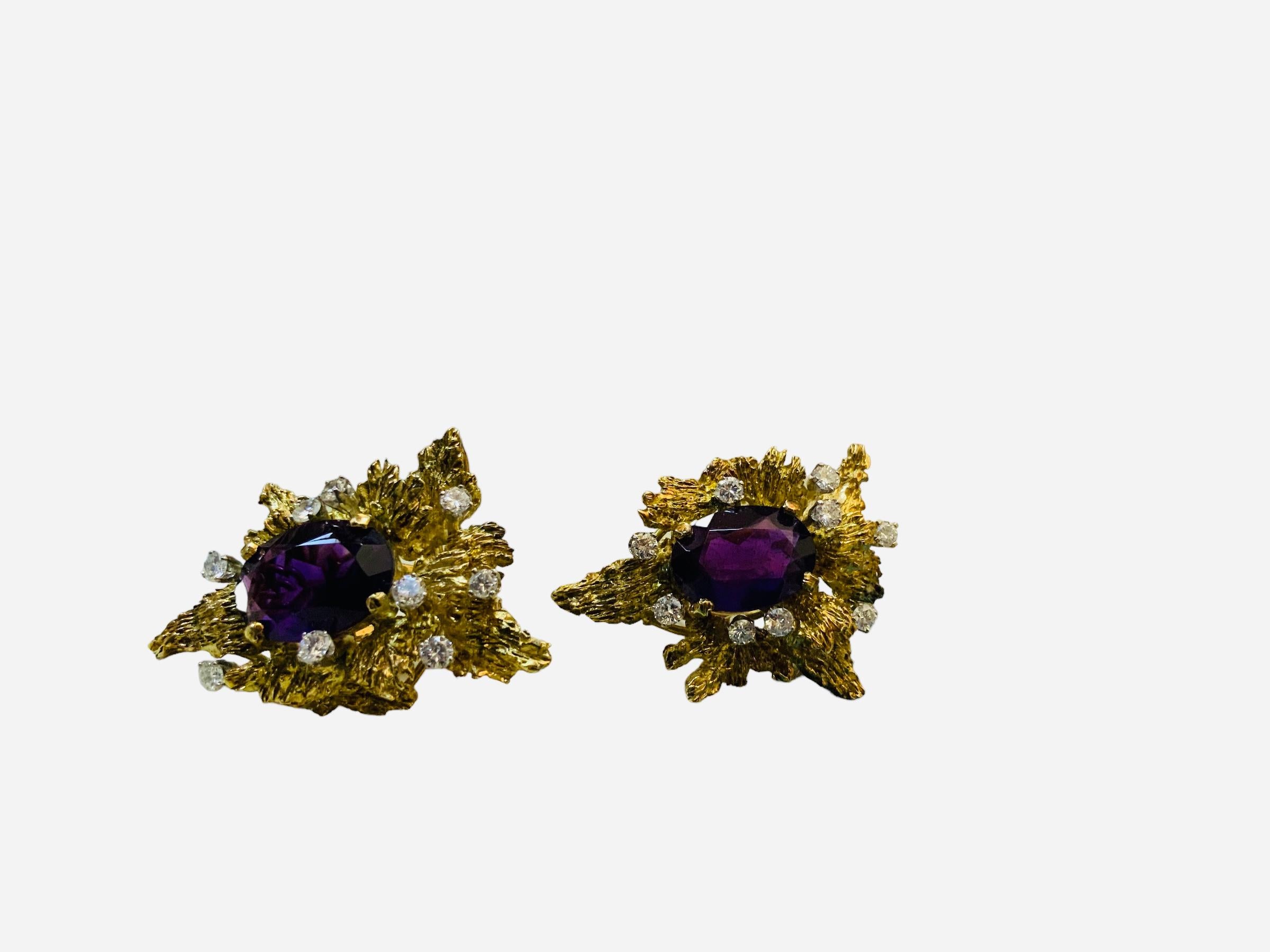 Brutalist Style Pair Of 14K Gold Amethyst And Diamonds Earrings  For Sale 6