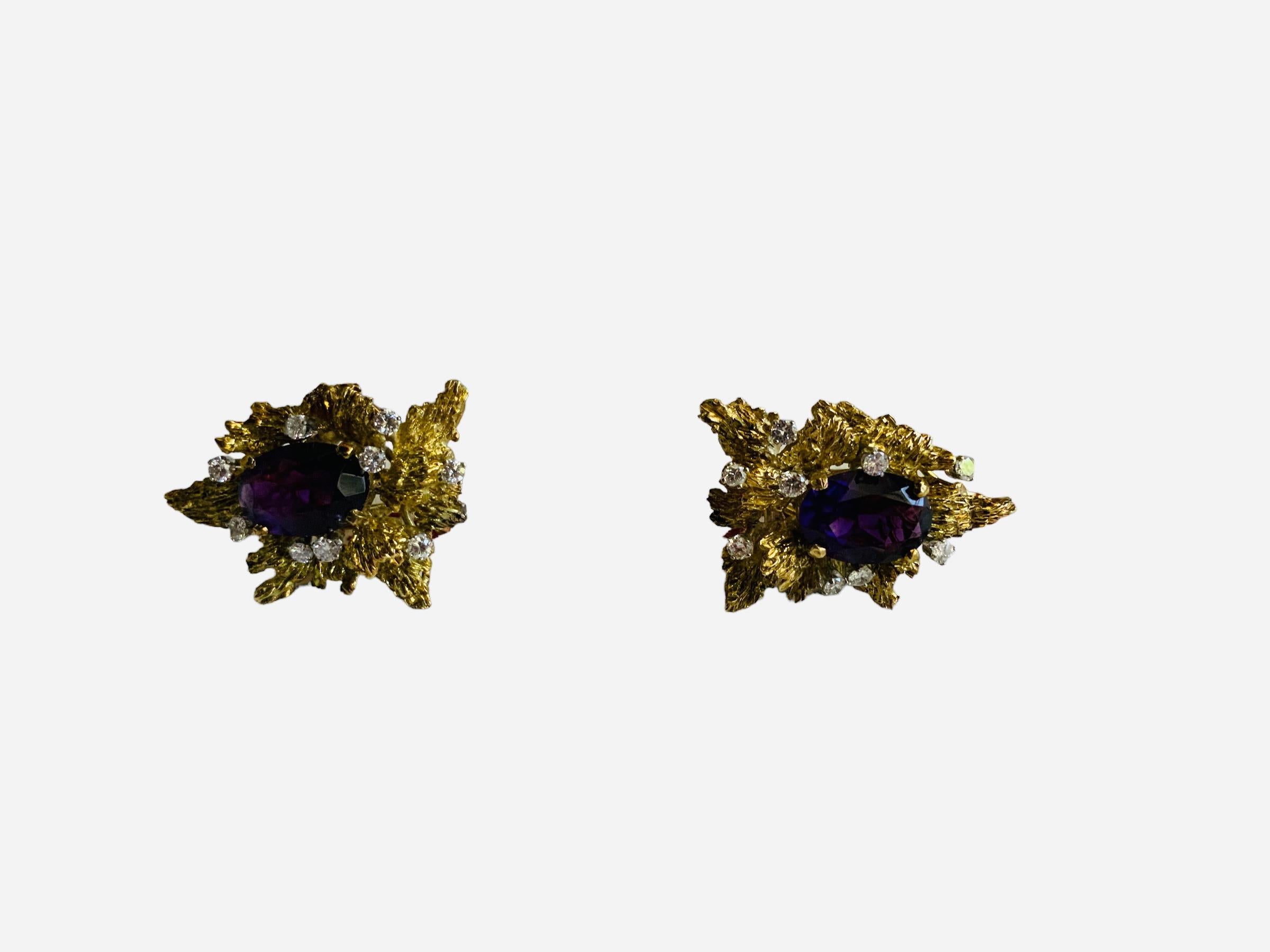 Brutalist Style Pair Of 14K Gold Amethyst And Diamonds Earrings  For Sale 2