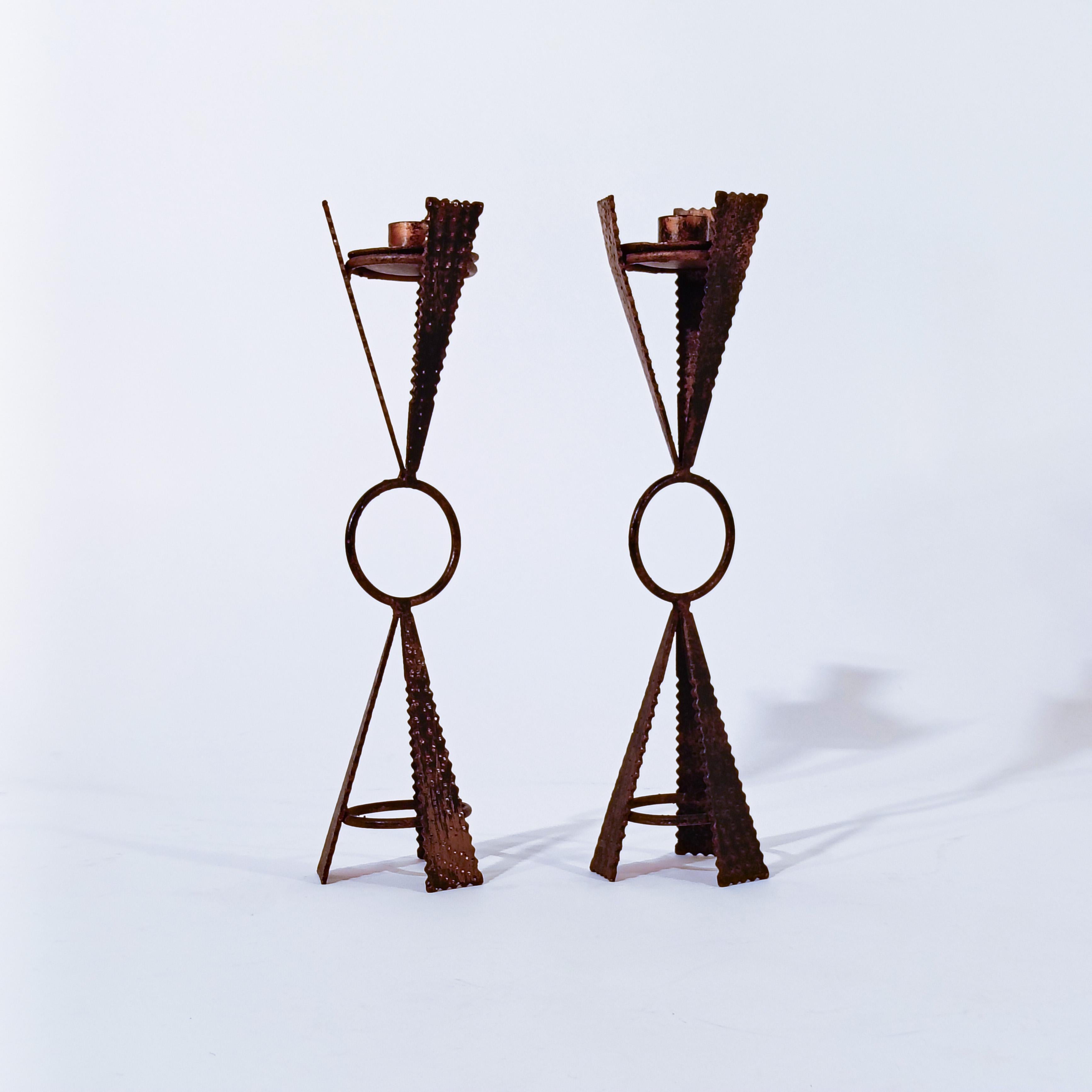 Hammered Brutalist style. Sculptural candle holders by Ferro Art, Spain, 1950s For Sale