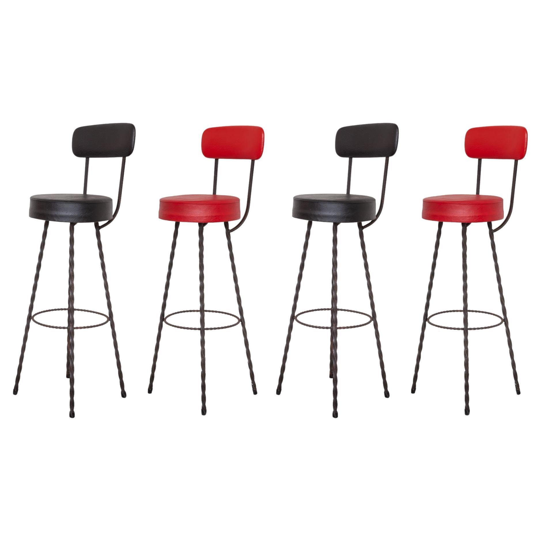 Brutalist Style Set of Four Wrought Iron Bar Stools Made in 1970S, FRANCE