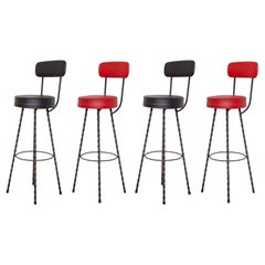 Vintage Brutalist Style Set of Four Wrought Iron Bar Stools Made in 1970S, FRANCE