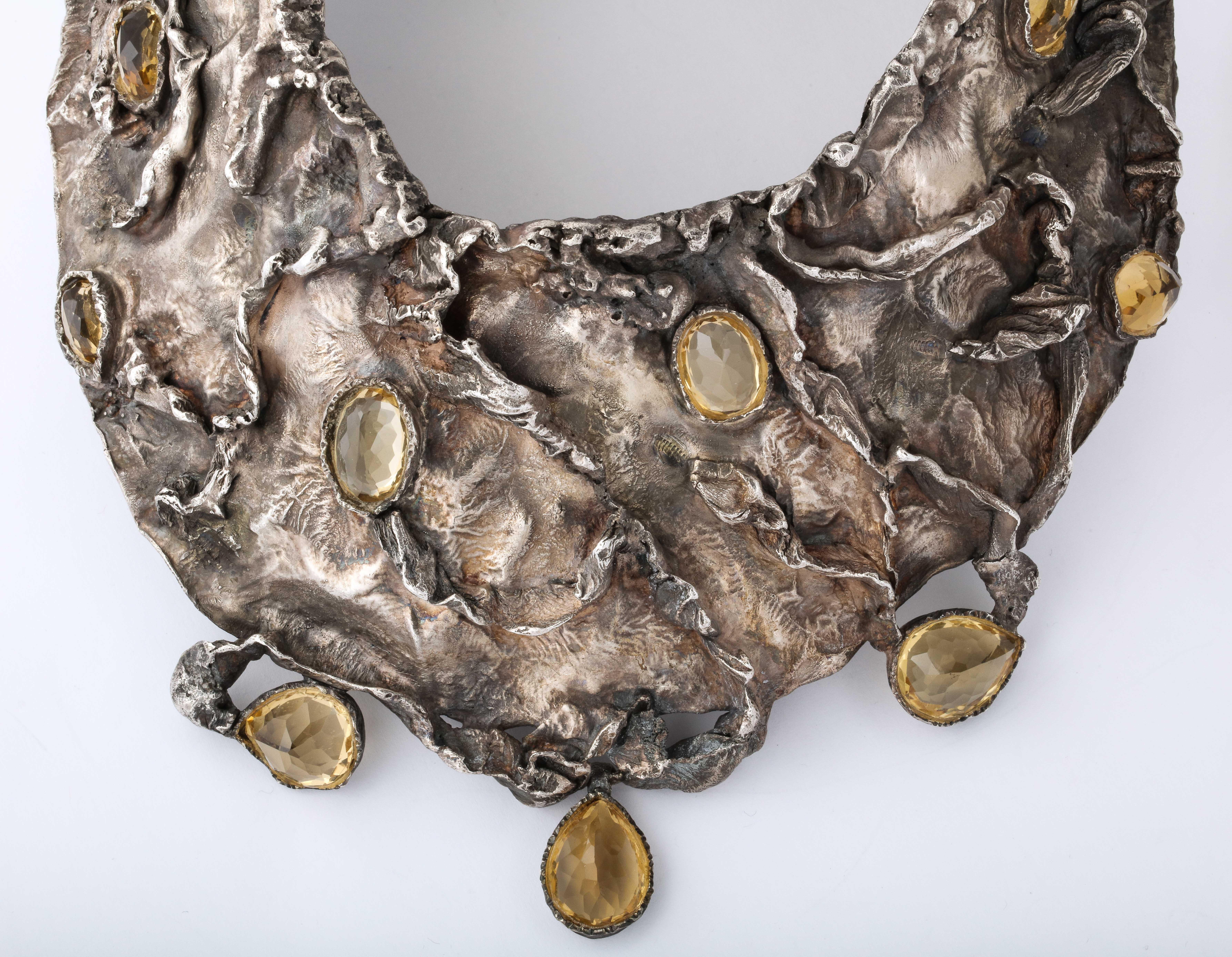 Brutalist Style Silver Citrine Collar Necklace by Ana For Sale 6