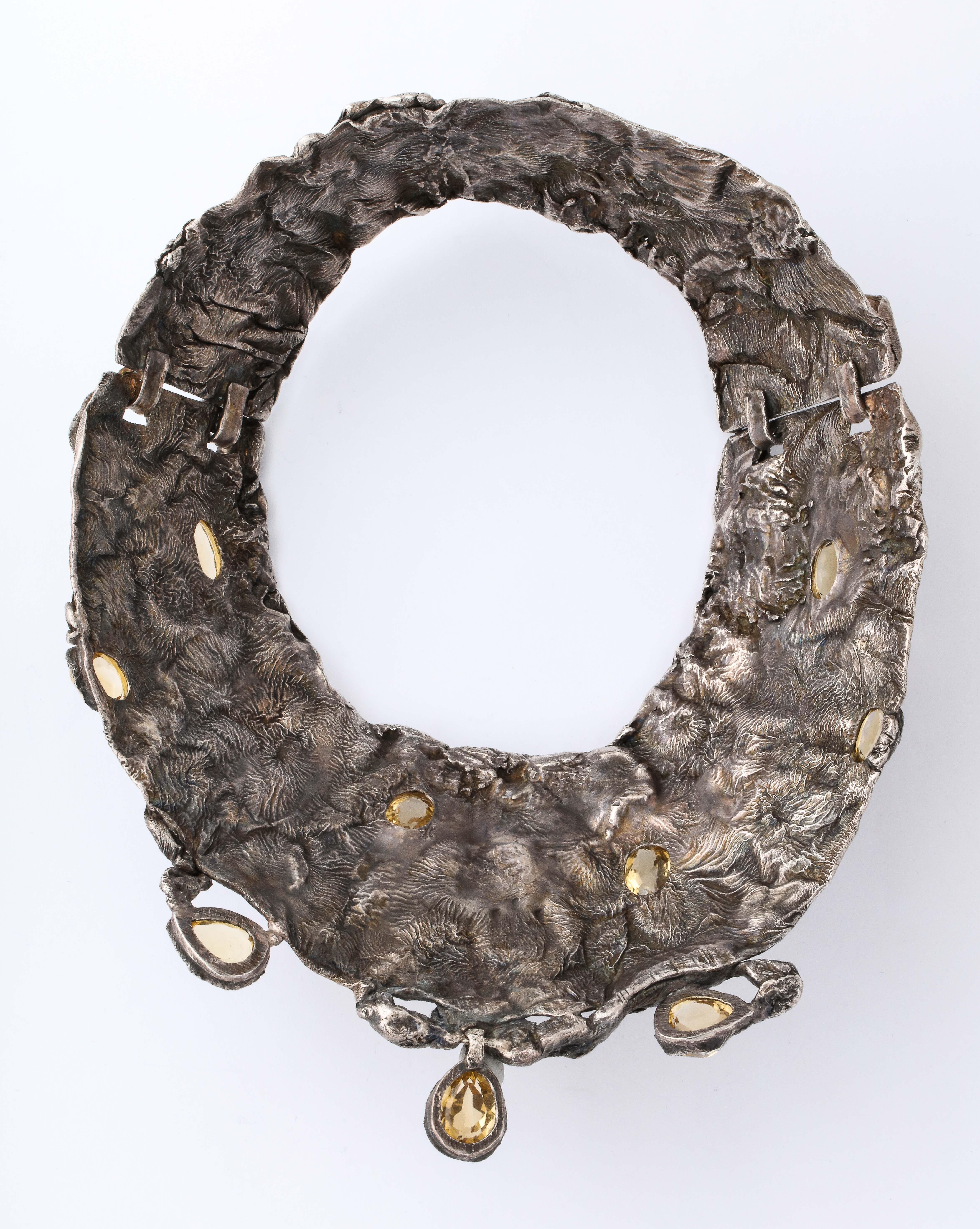 Brutalist Style Silver Citrine Collar Necklace by Ana In Excellent Condition For Sale In New York, NY