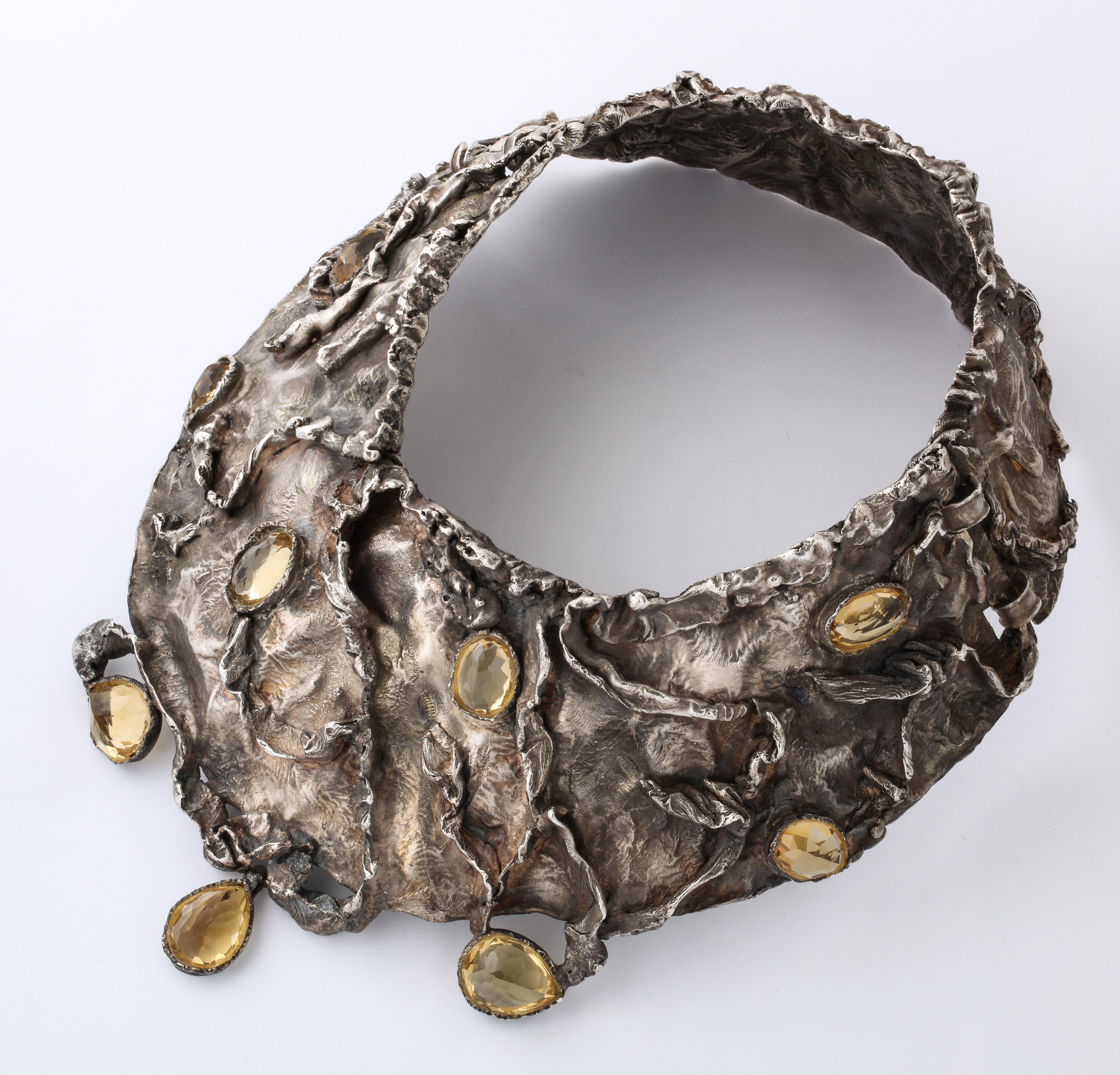 Brutalist Style Silver Citrine Collar Necklace by Ana For Sale 1
