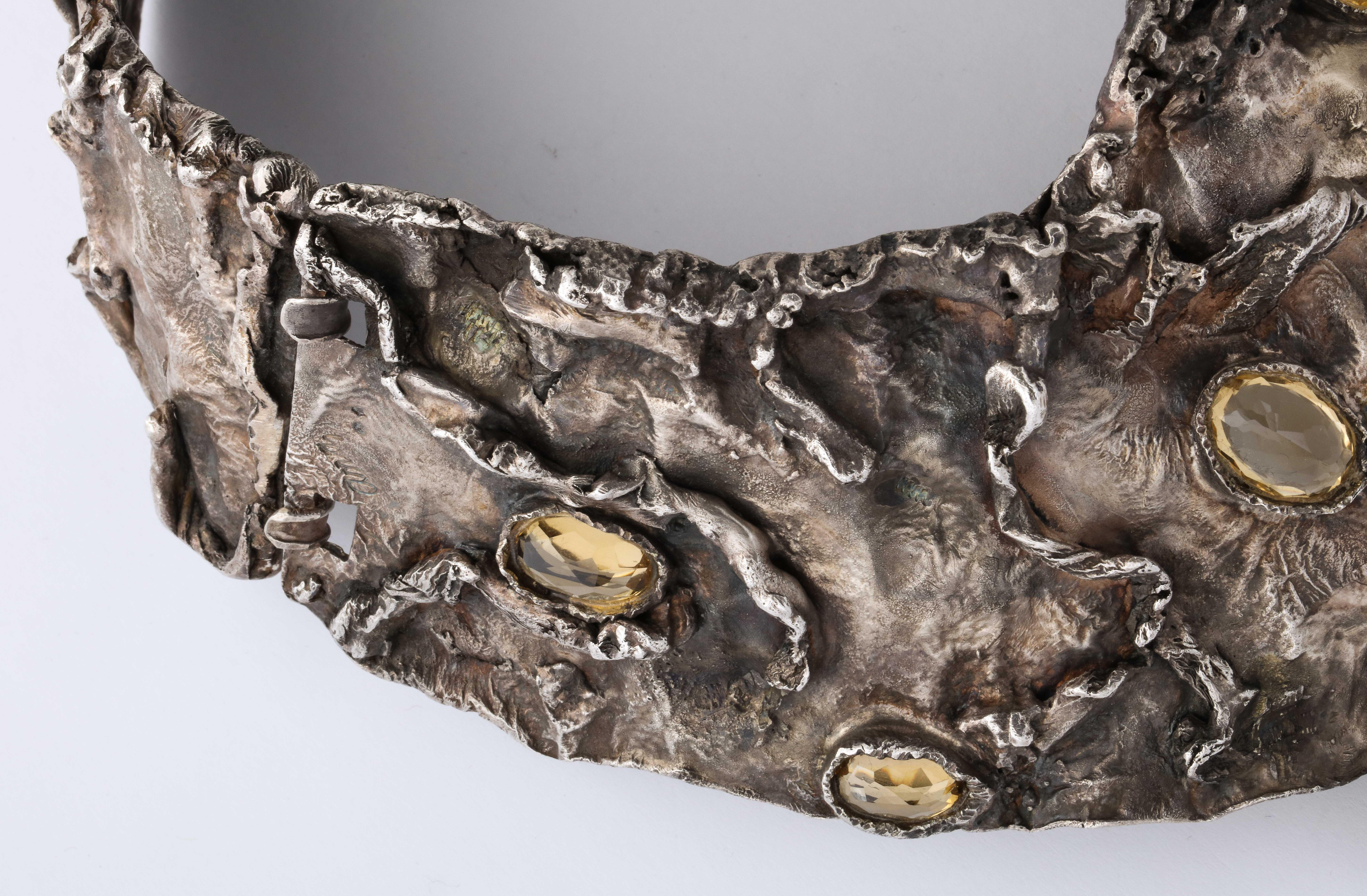 Brutalist Style Silver Citrine Collar Necklace by Ana For Sale 2