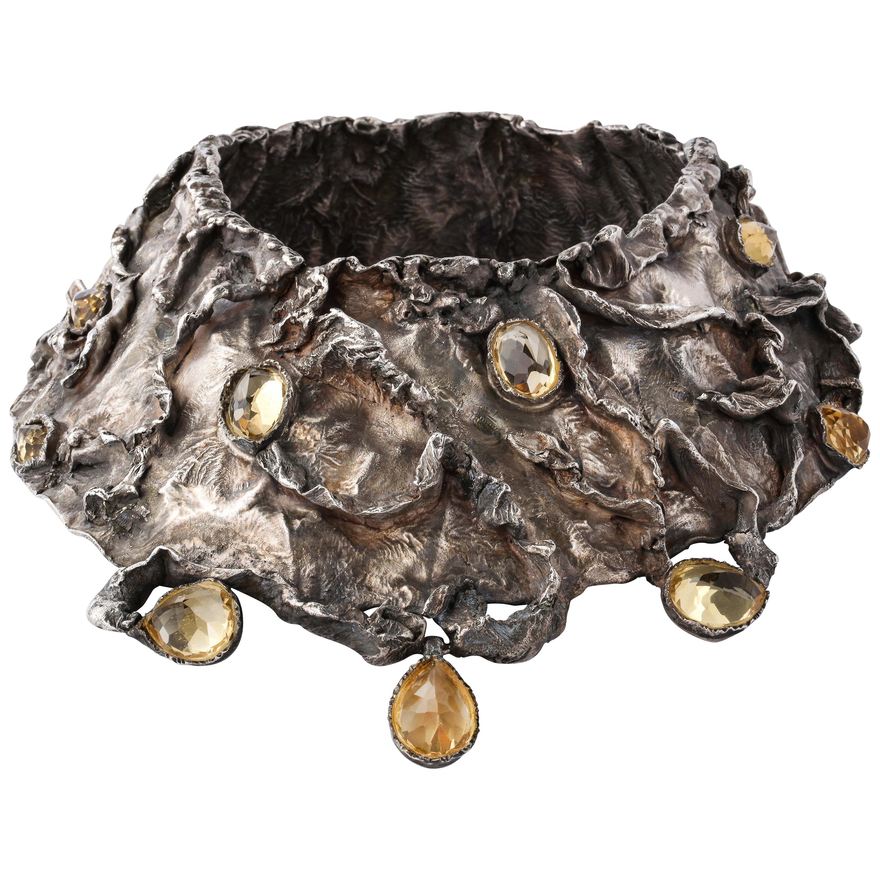 Brutalist Style Silver Citrine Collar Necklace by Ana For Sale