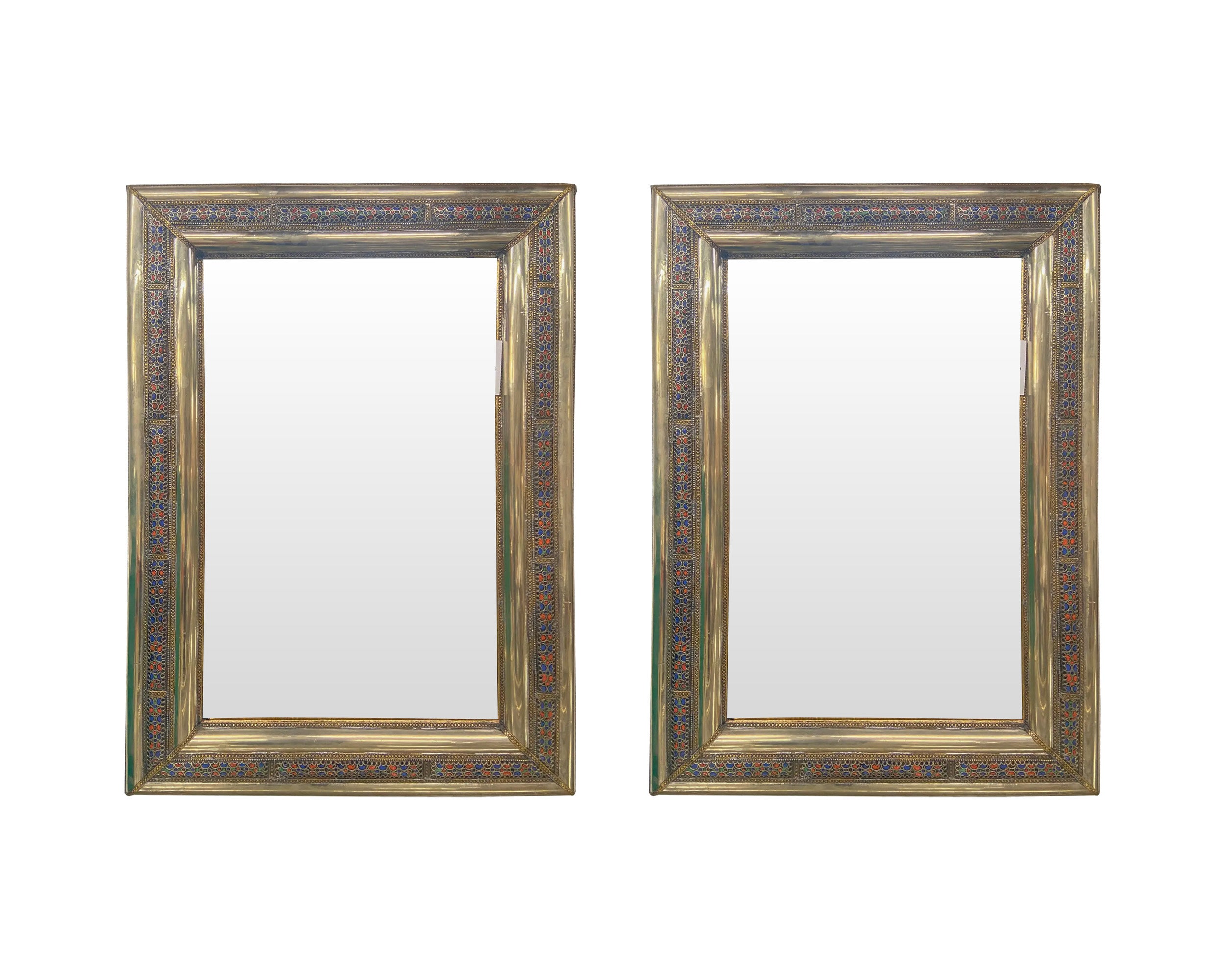 Brutalist Style Silver with Brass & Stones Inlay Console or Wall Mirror,  a Pair