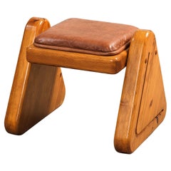 Brutalist Style Solid Pine Stool with Leather Cushion, Finland, 1980s