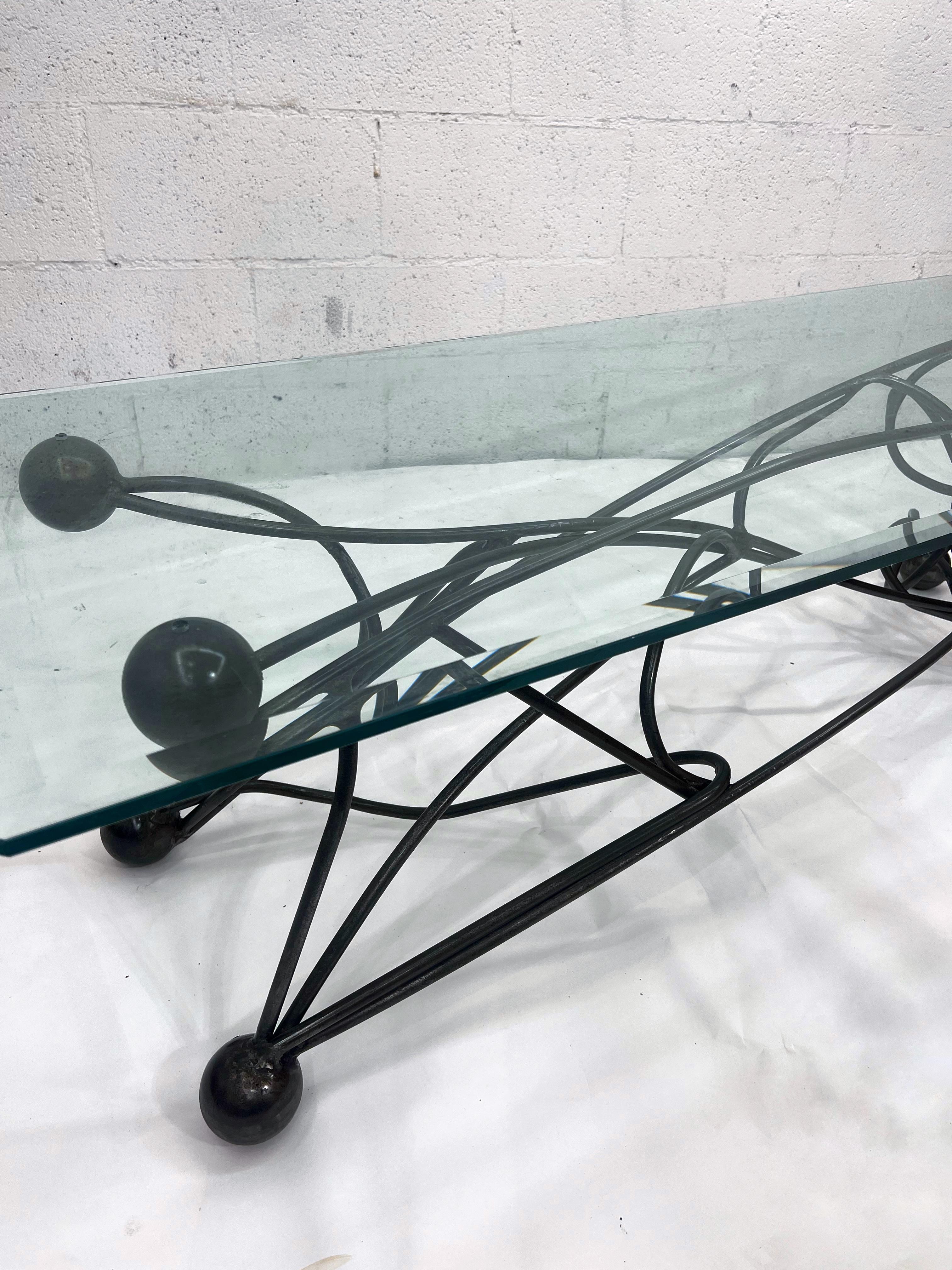 Brutalist Style Steel and Glass Coffee Table In Excellent Condition For Sale In Los Angeles, CA