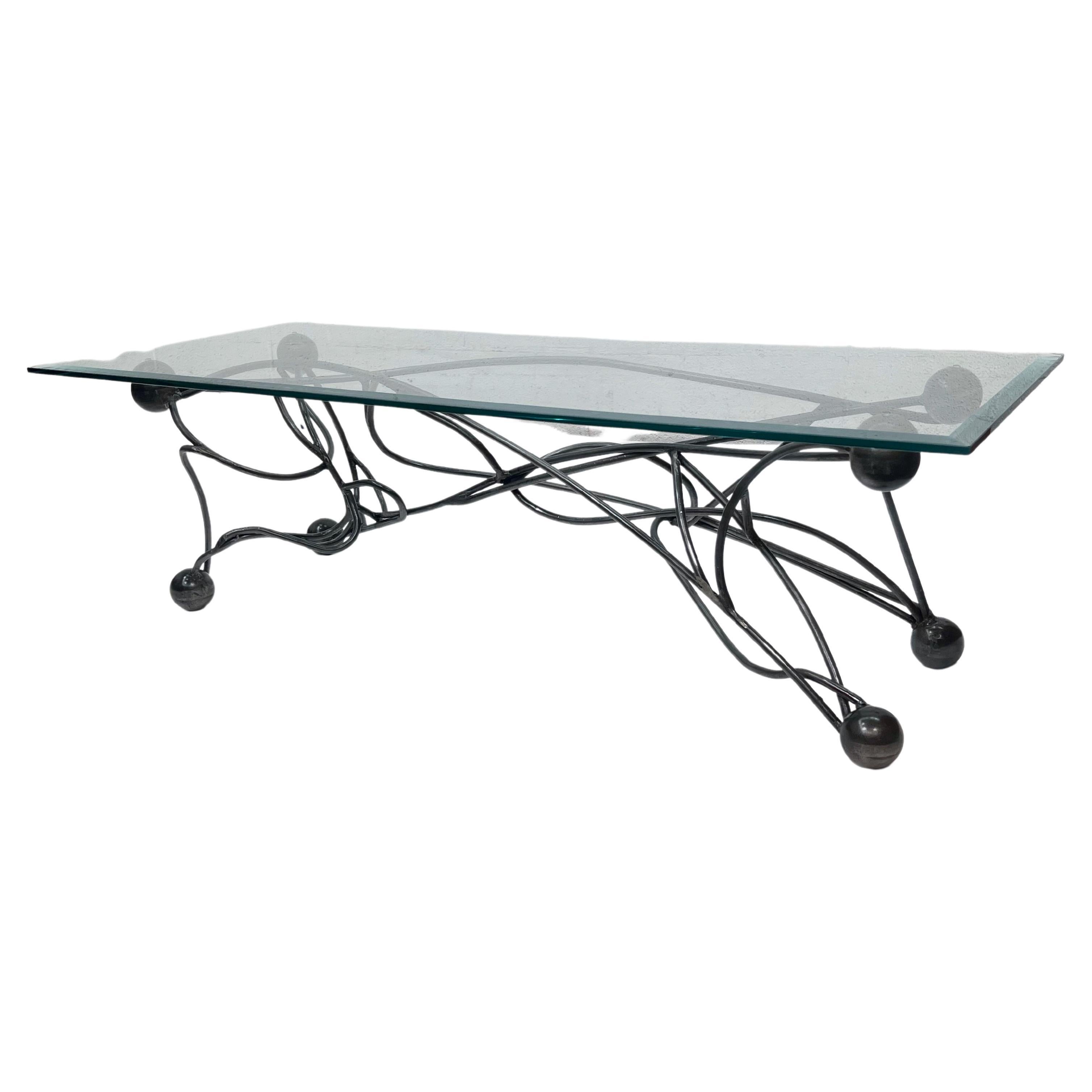 Brutalist Style Steel and Glass Coffee Table For Sale