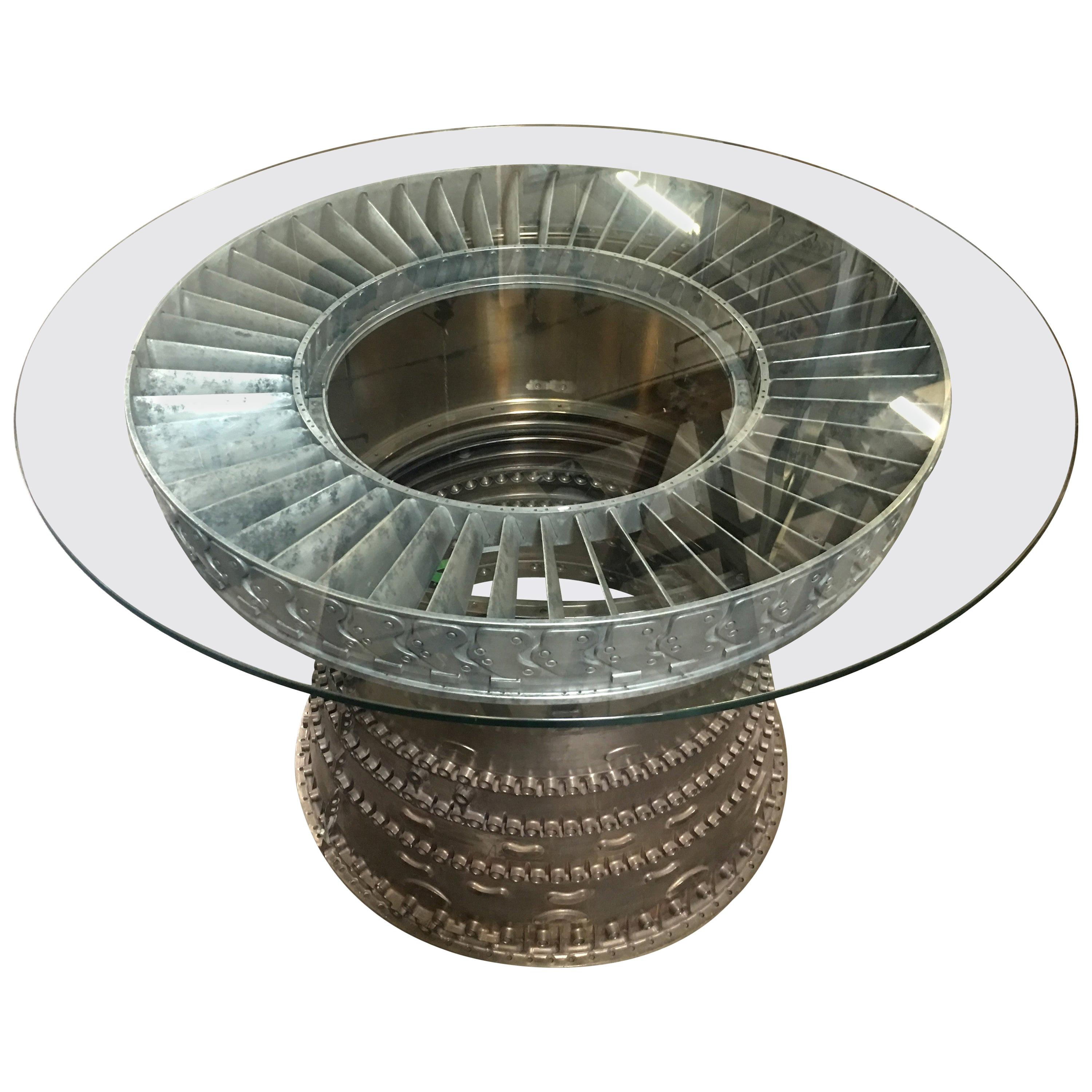 Brutalist Style Titanium Jet Turbine Sculptural Dining Table with Glass Top