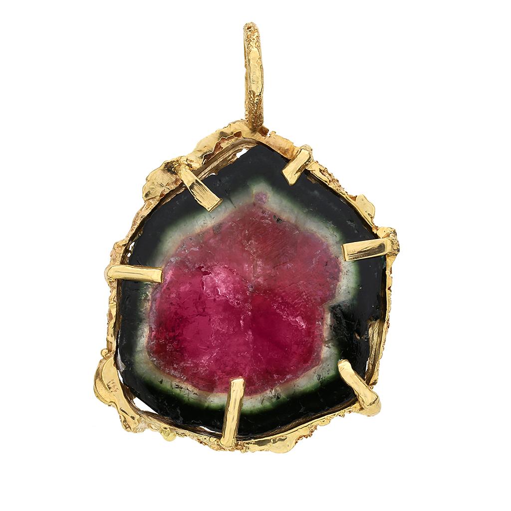 14K Anhänger im brutalistischen Stil mit Wassermelon-Turmalin und Diamant (Rundschliff) im Angebot