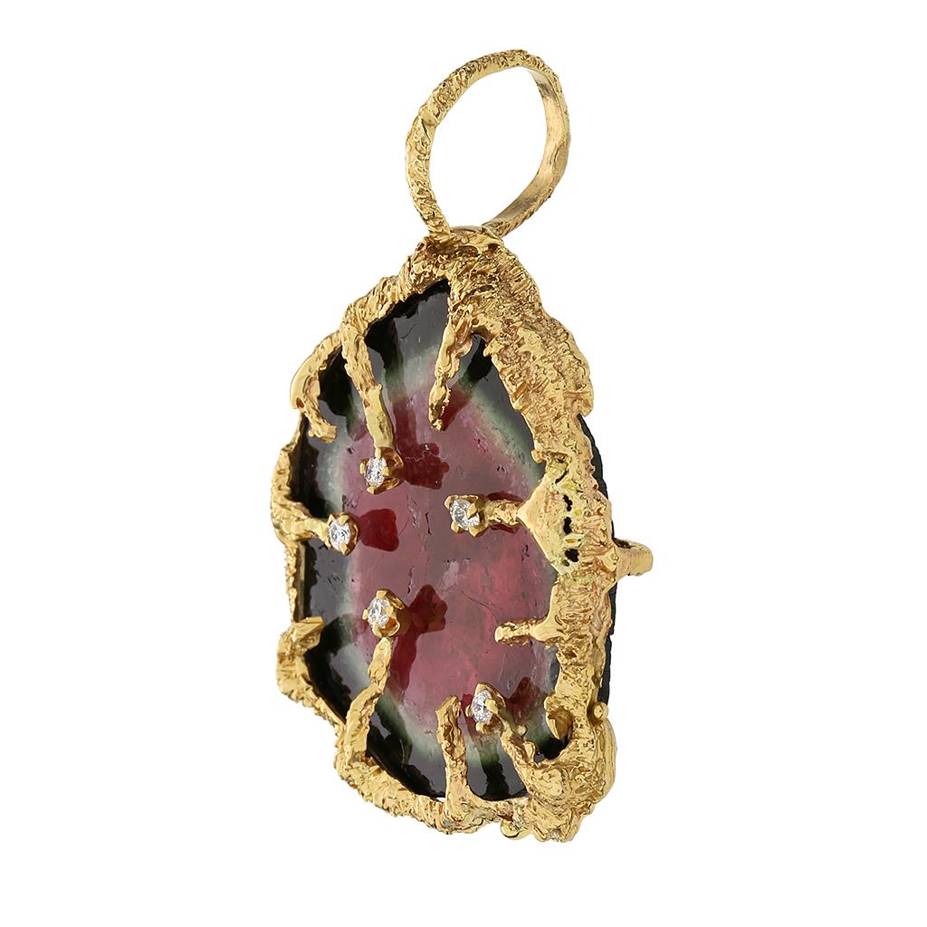 14K Anhänger im brutalistischen Stil mit Wassermelon-Turmalin und Diamant im Zustand „Hervorragend“ im Angebot in Fuquay Varina, NC
