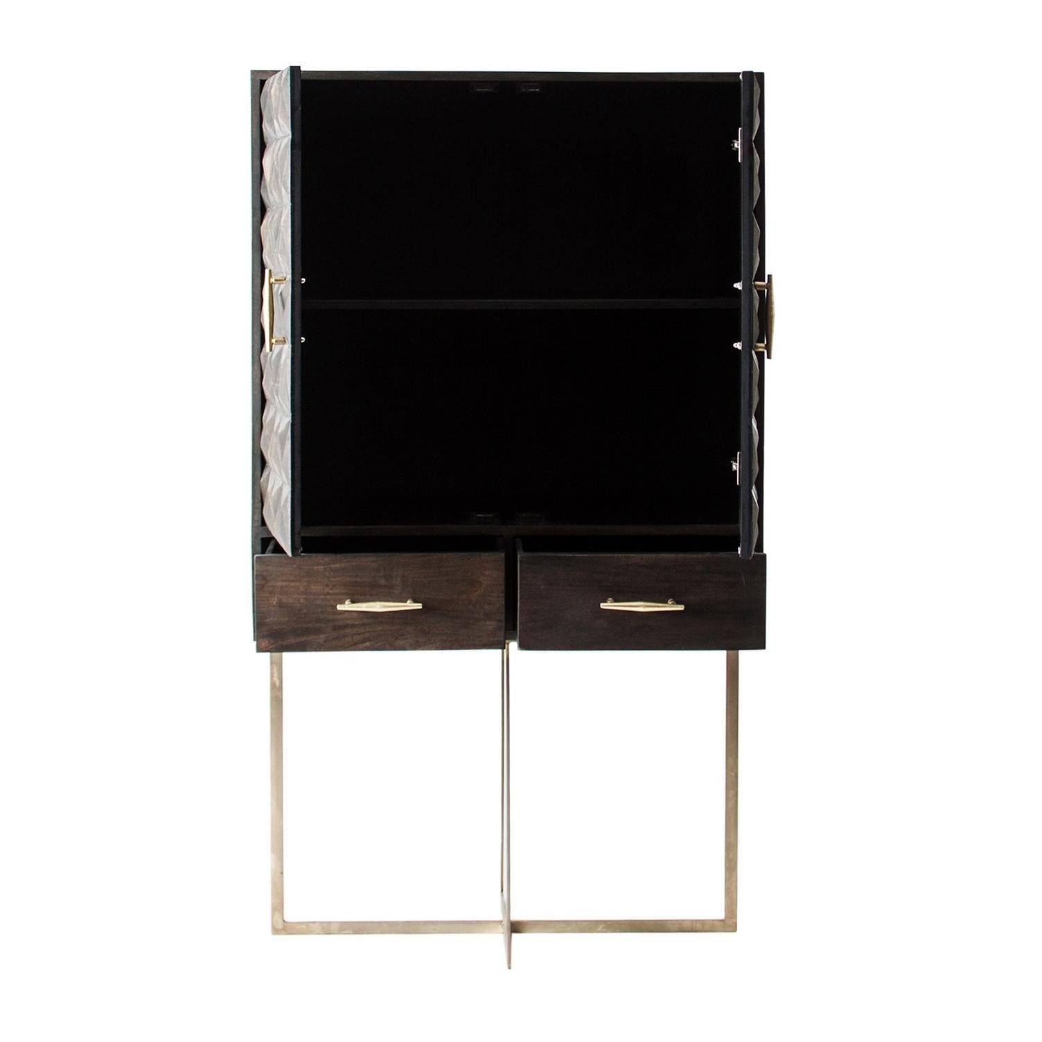 European Brutalist Style Wooden and Gilded Metal Dry Bar Cabinet