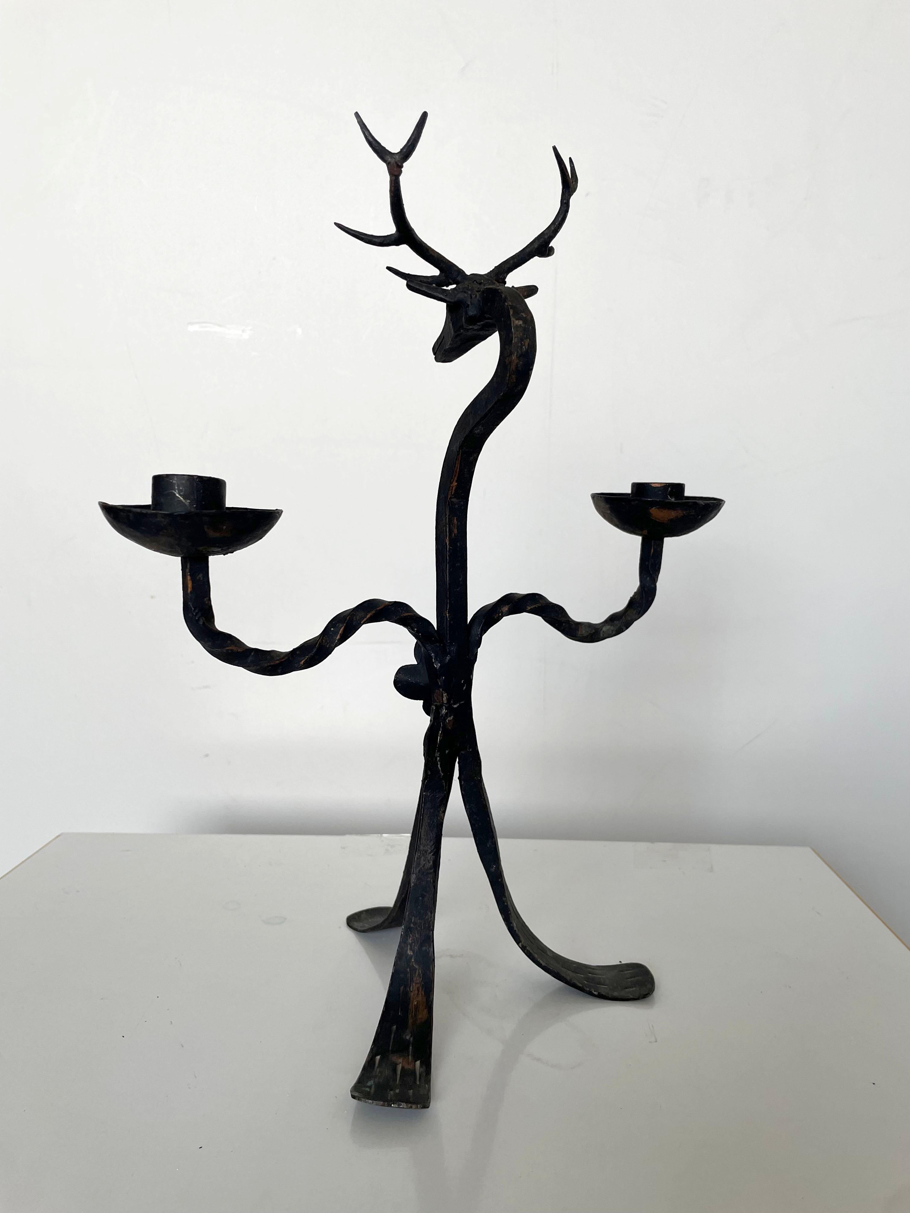 European Brutalist Style Wrought Iron Deer Shaped Candlestick Candelabra, 1940s / 1950s For Sale