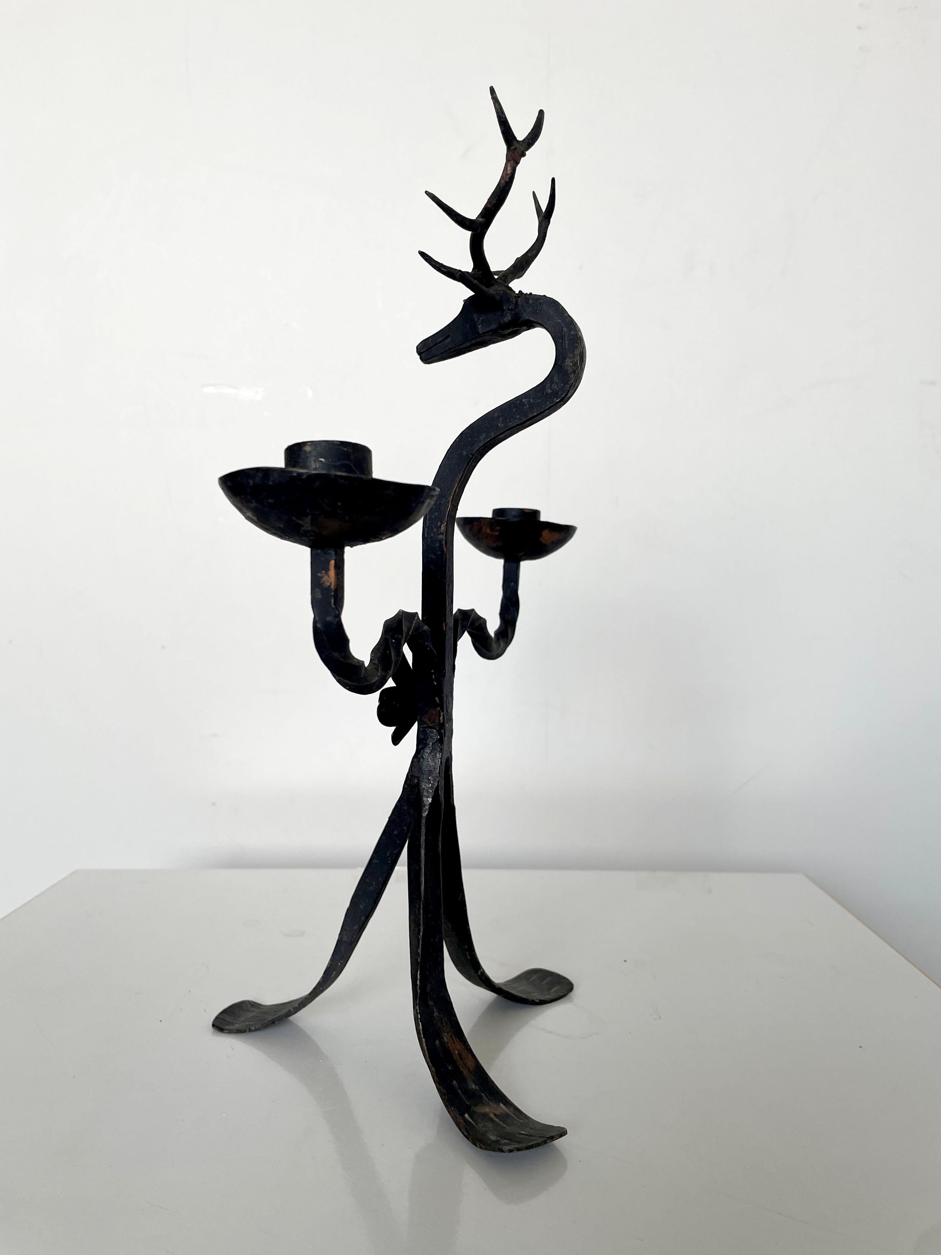 Brutalist Style Wrought Iron Deer Shaped Candlestick Candelabra, 1940s / 1950s In Good Condition For Sale In Zagreb, HR