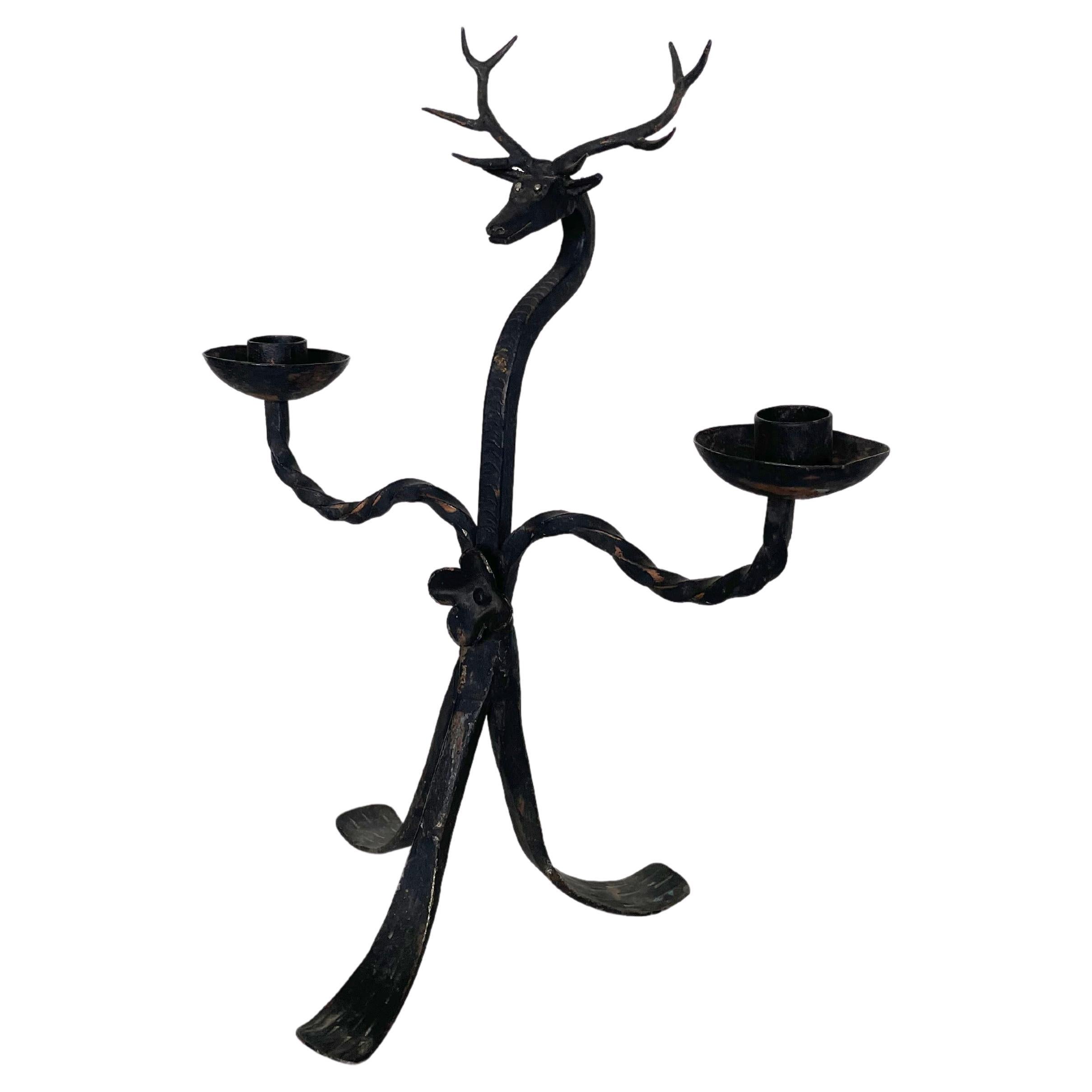 Brutalist Style Wrought Iron Deer Shaped Candlestick Candelabra, 1940s / 1950s For Sale
