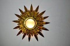 Brutalist Sun Floral Wall Lamp, Gilded Metal, Italy, 1970