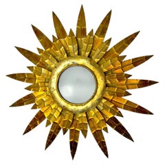 Brutalist Sun Floral Wall Lamp, Gilded Metal, Italy, 1970