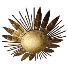 Brutalist sunburst flush mount light fixture, gold leaf gilded metal, Italy, 197
